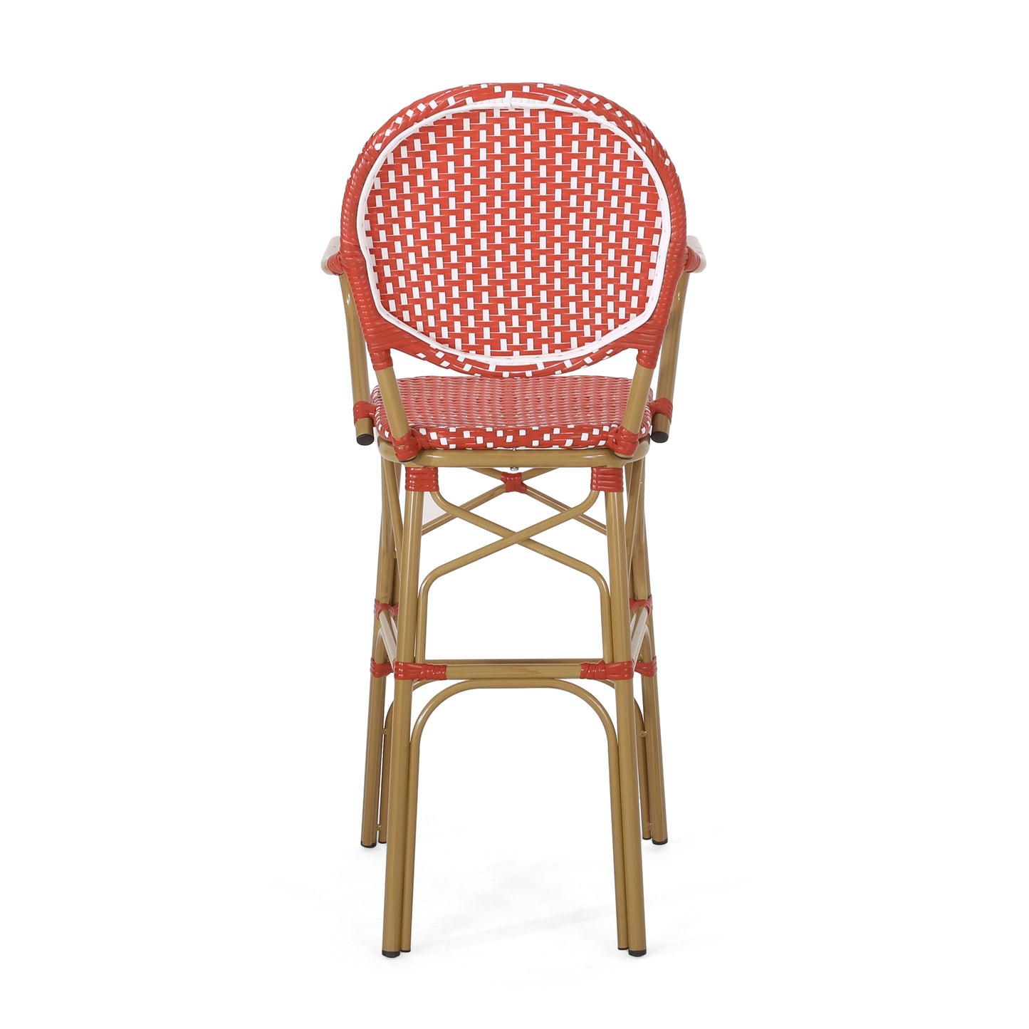 Red and white woven wicker bar stool with gold metal legs