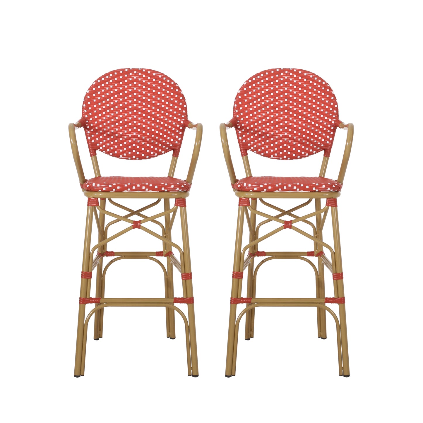 Two red and white woven bistro bar stools with gold metal frames  inches tall