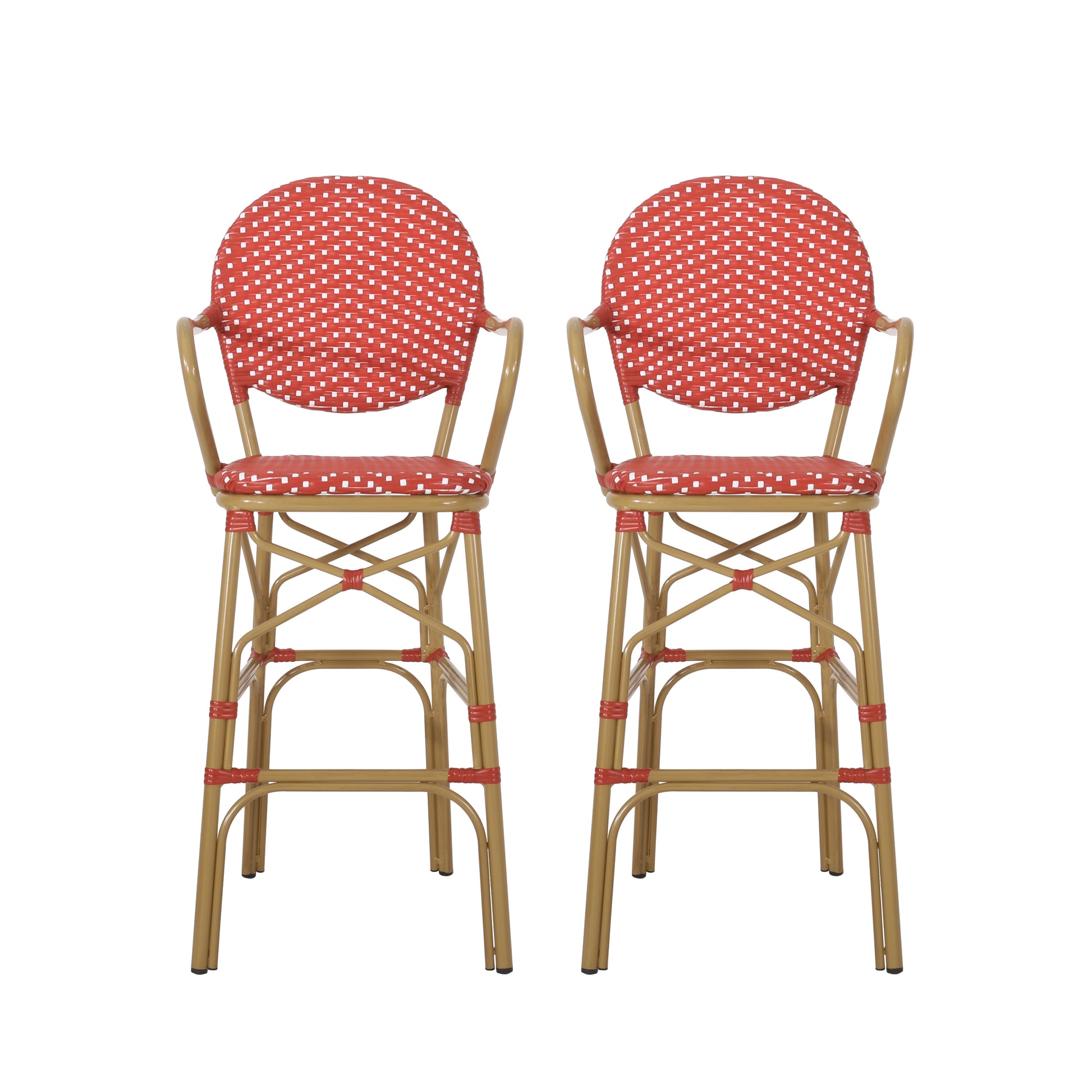 Two red and white woven bistro bar stools with gold metal frames  inches tall