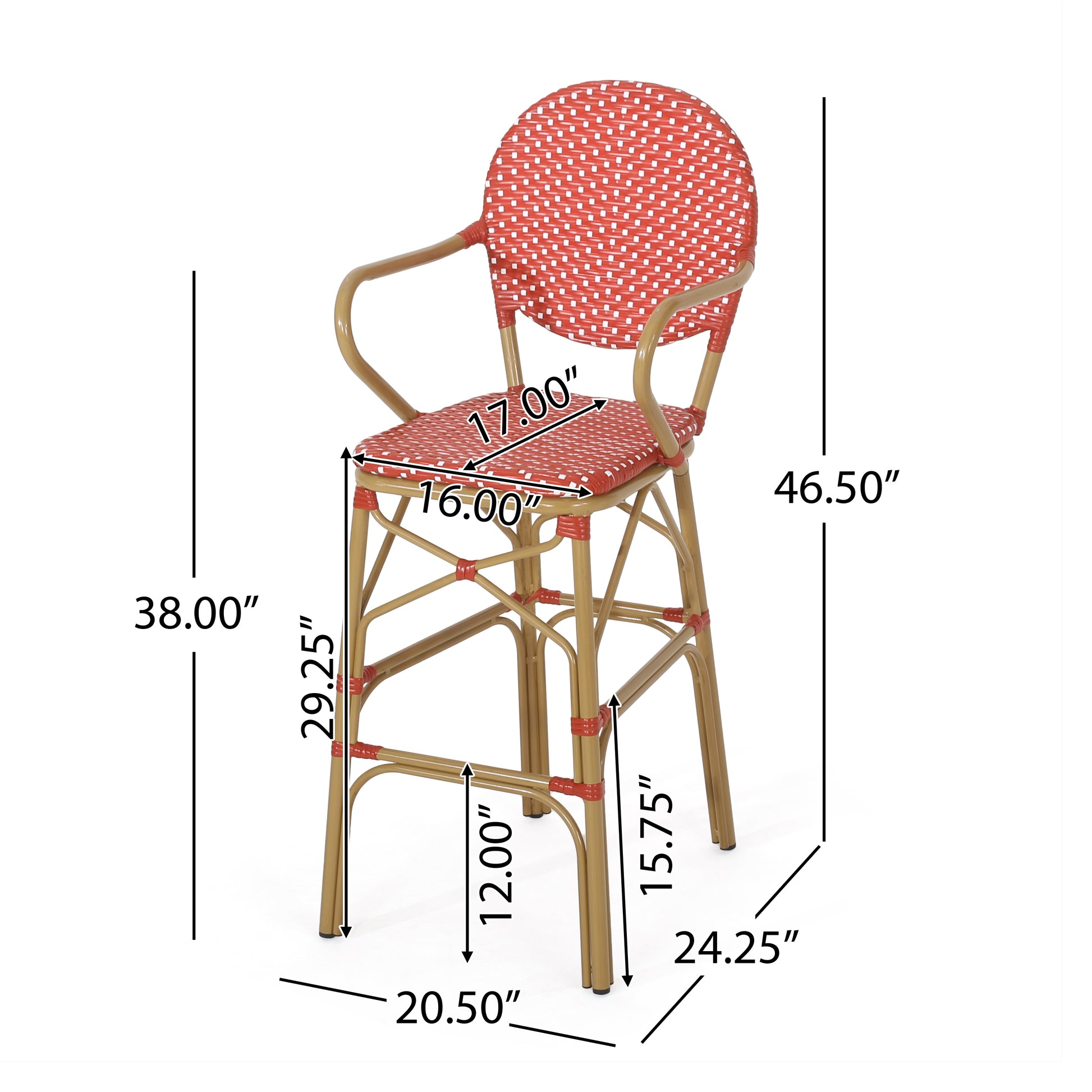 Red and white woven rattan bar stool with armrests and metal frame