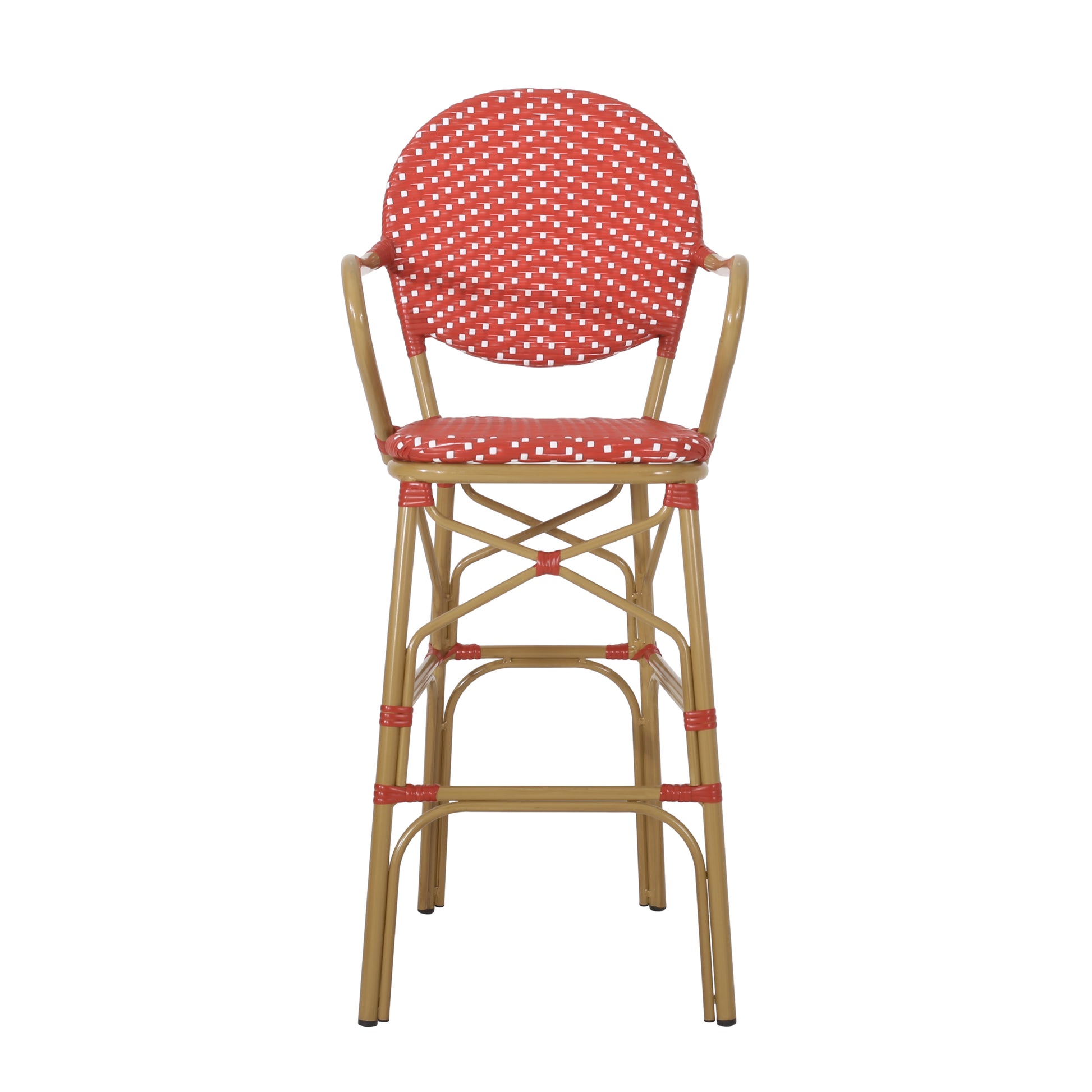 Red and white woven bistro bar stool with gold metal frame
