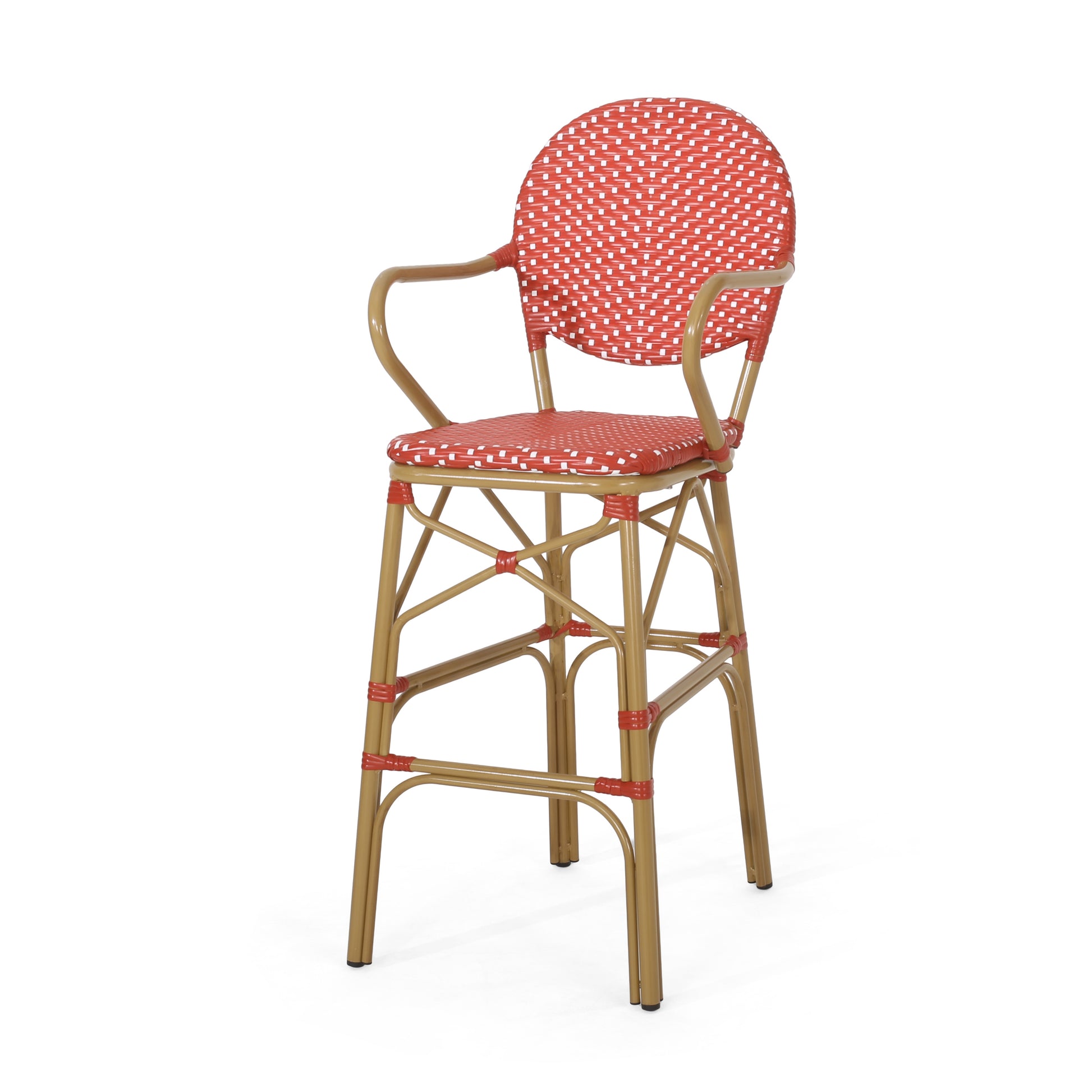 Red and white bistro bar stool with woven rattan seat and gold metal frame
