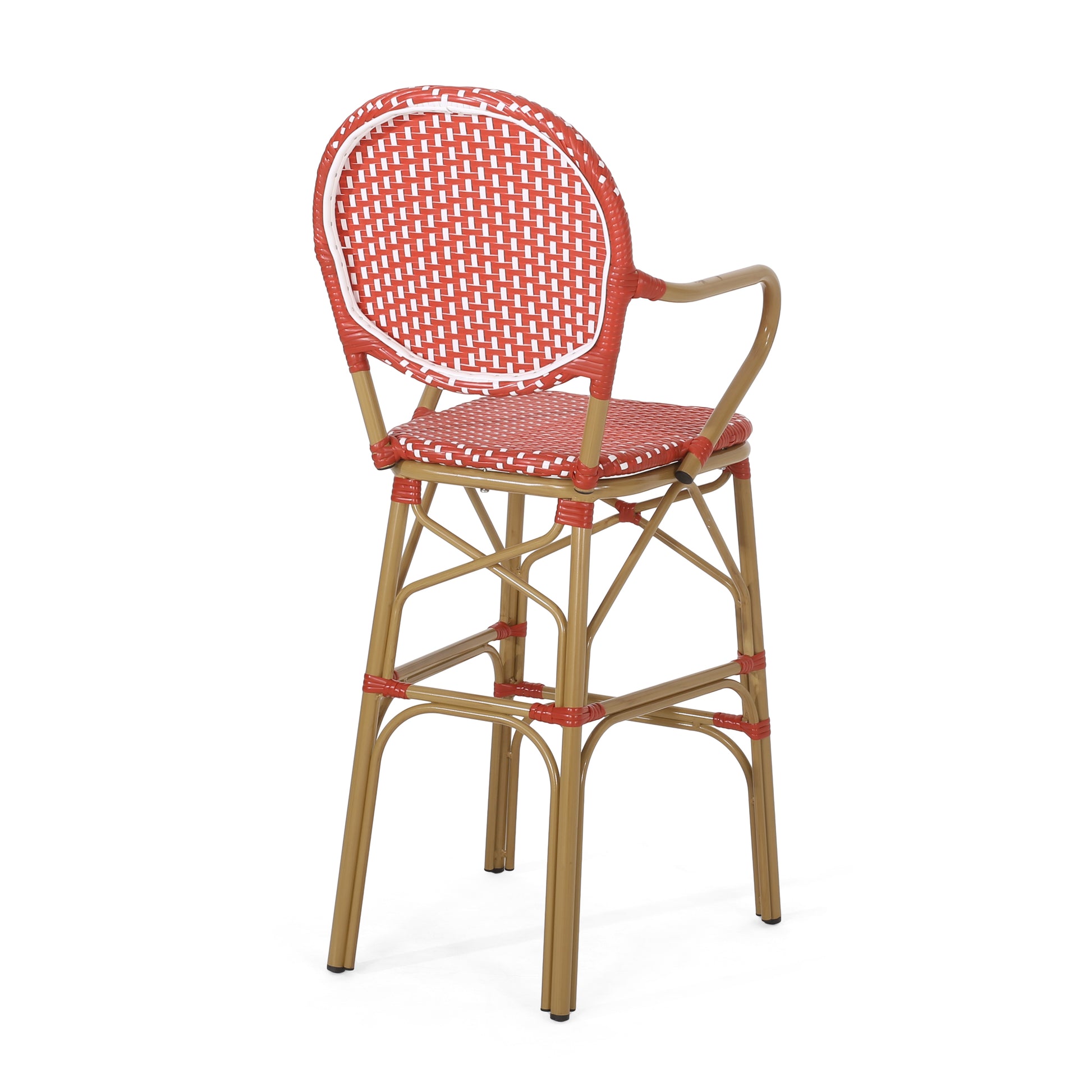 Red and white woven wicker bar stool with gold metal frame
