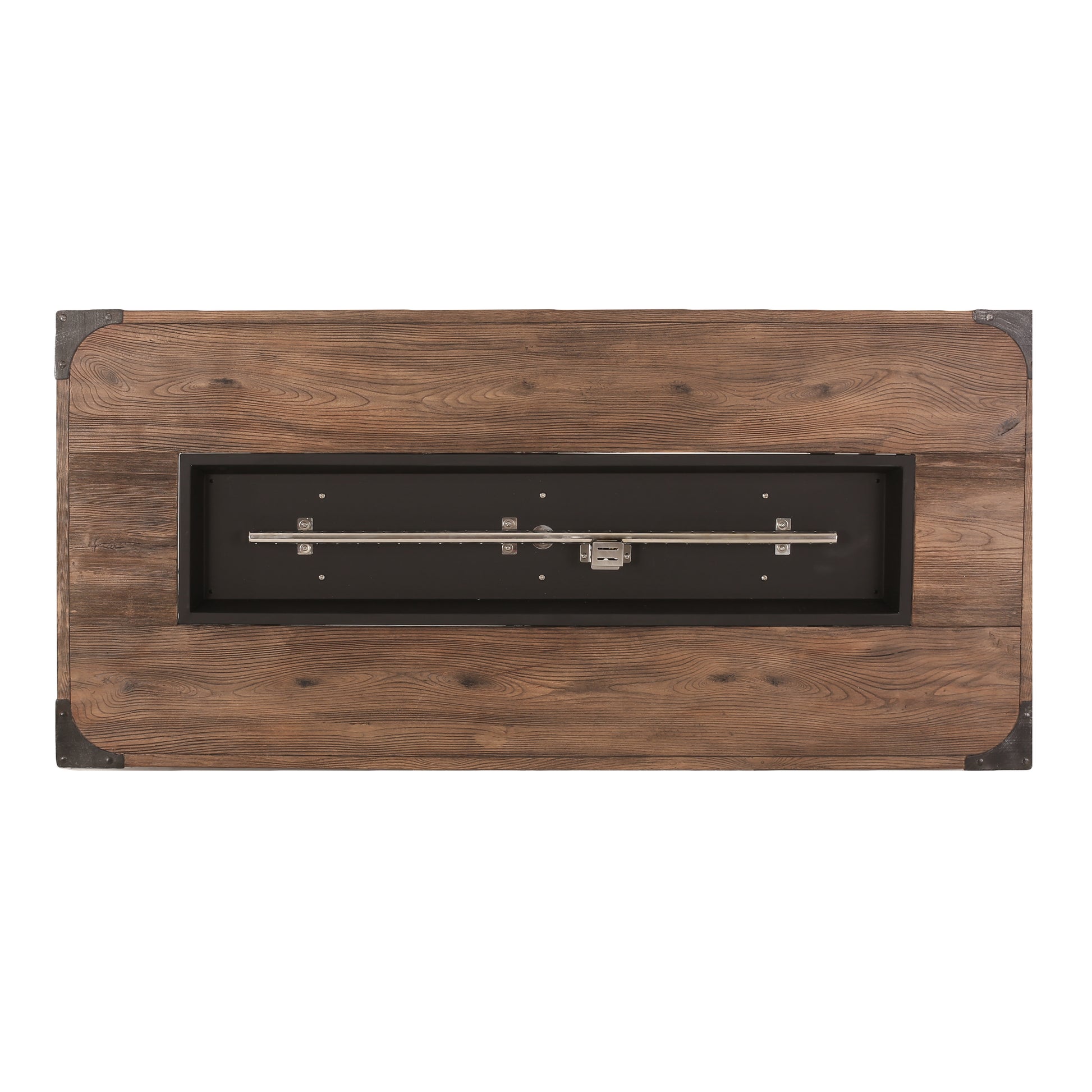 Rustic wood grain coffee table with metal corner accents and a central fire pit