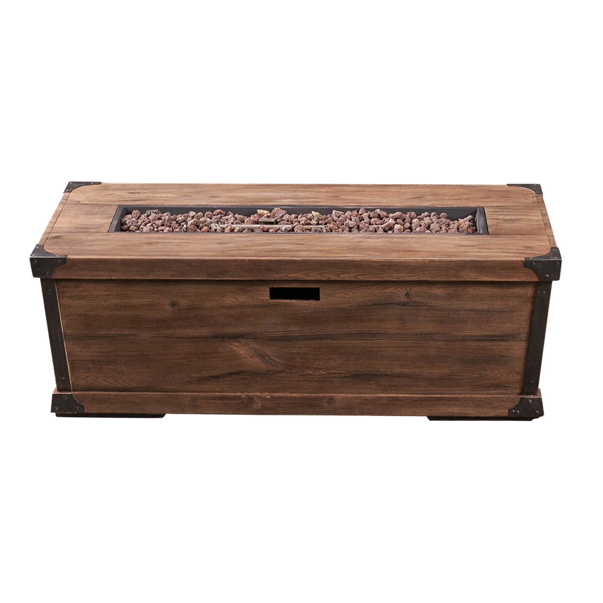 Rectangular dark wood fire pit table with metal accents and red lava rocks