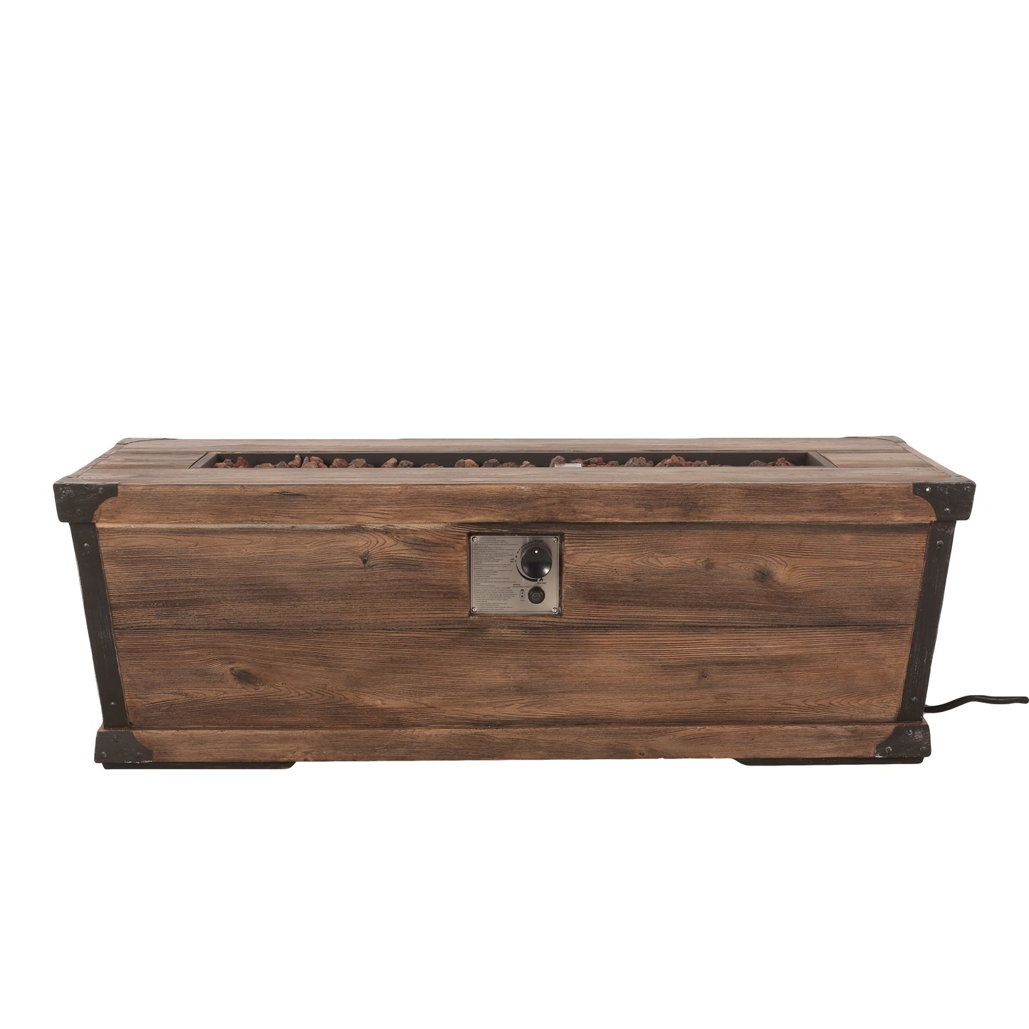 Rustic wooden propane fire pit table with black metal accents and lava rocks