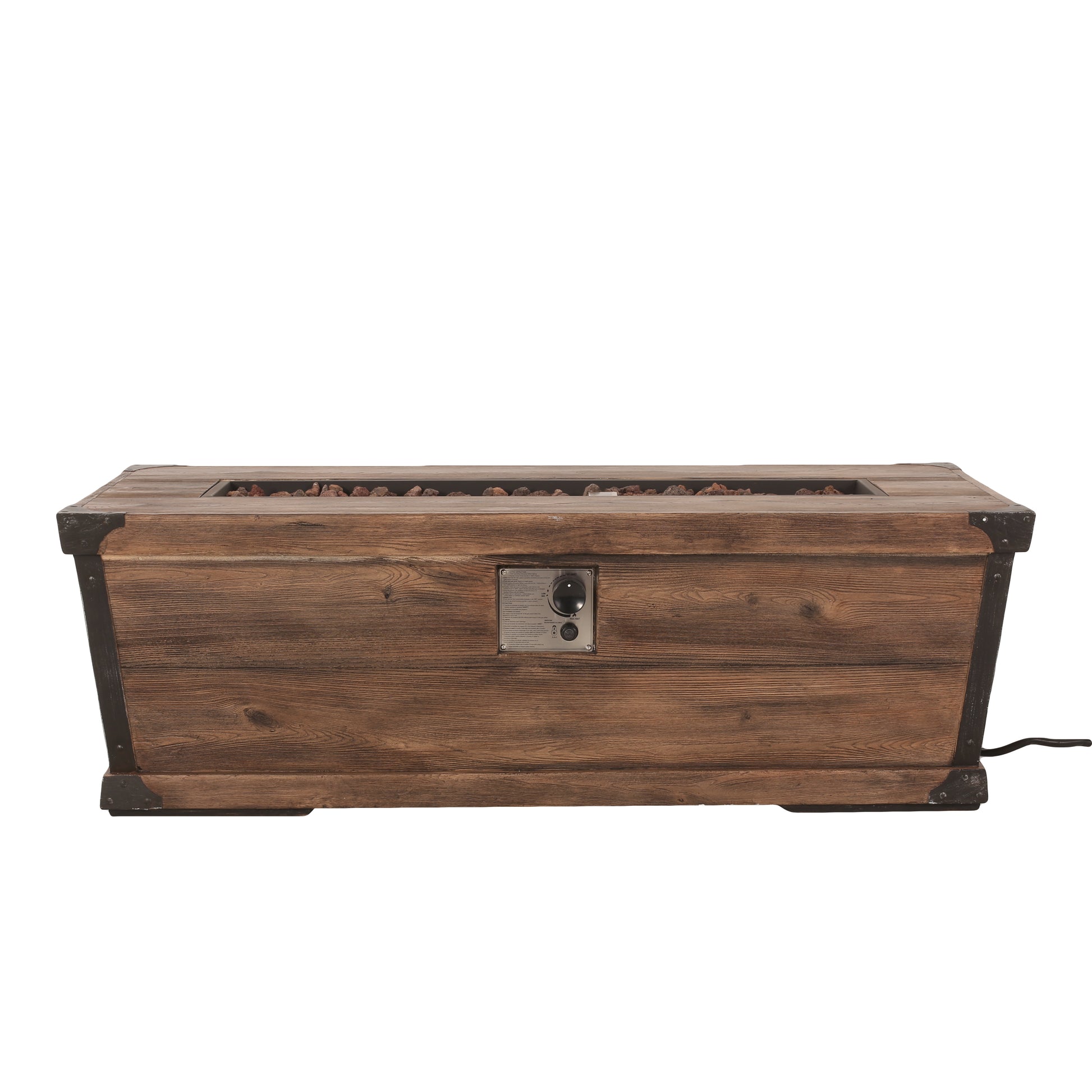 Rustic wooden propane fire pit table with black metal accents and lava rocks