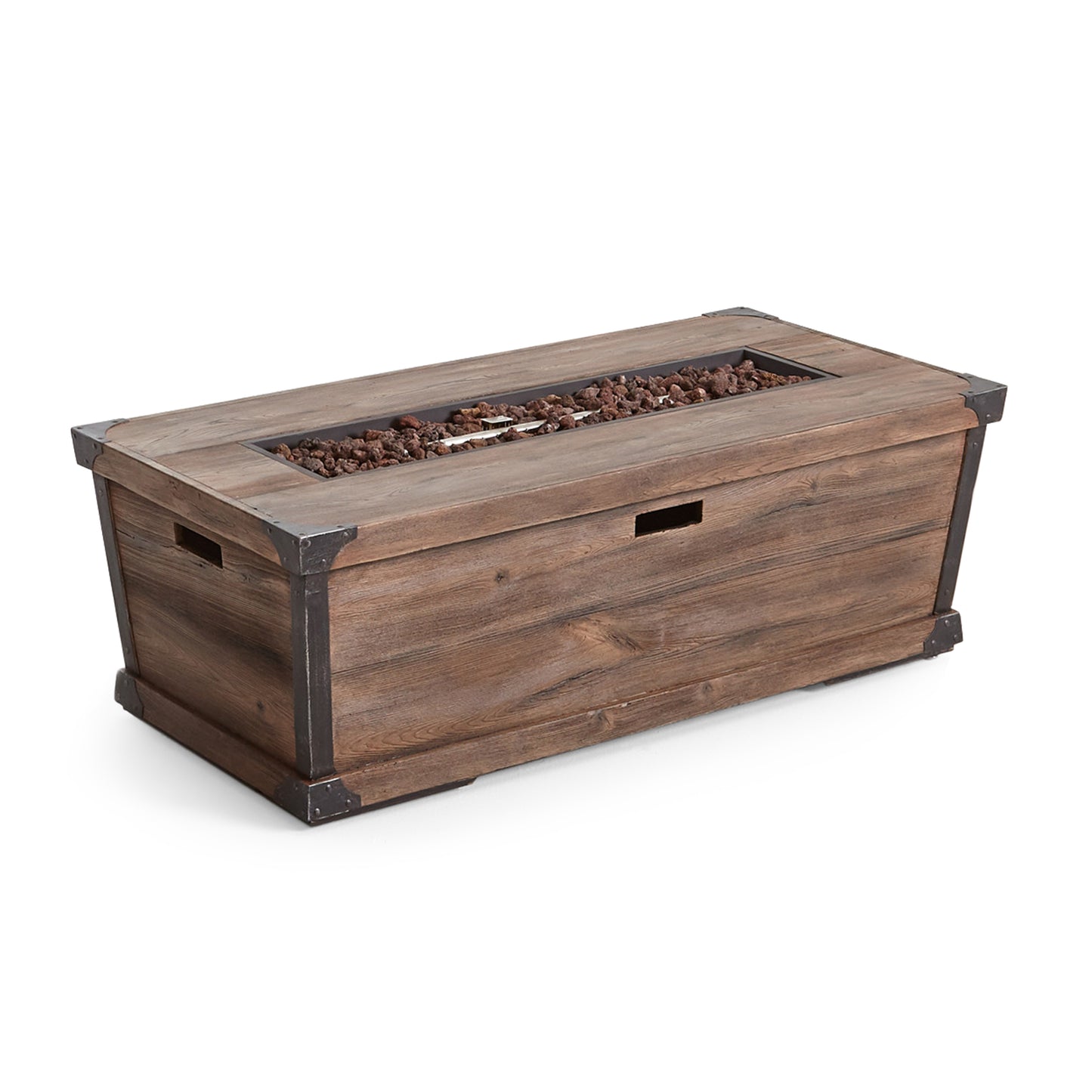 Rustic wood gas fire pit table with lava rocks and metal accents for outdoor relaxation