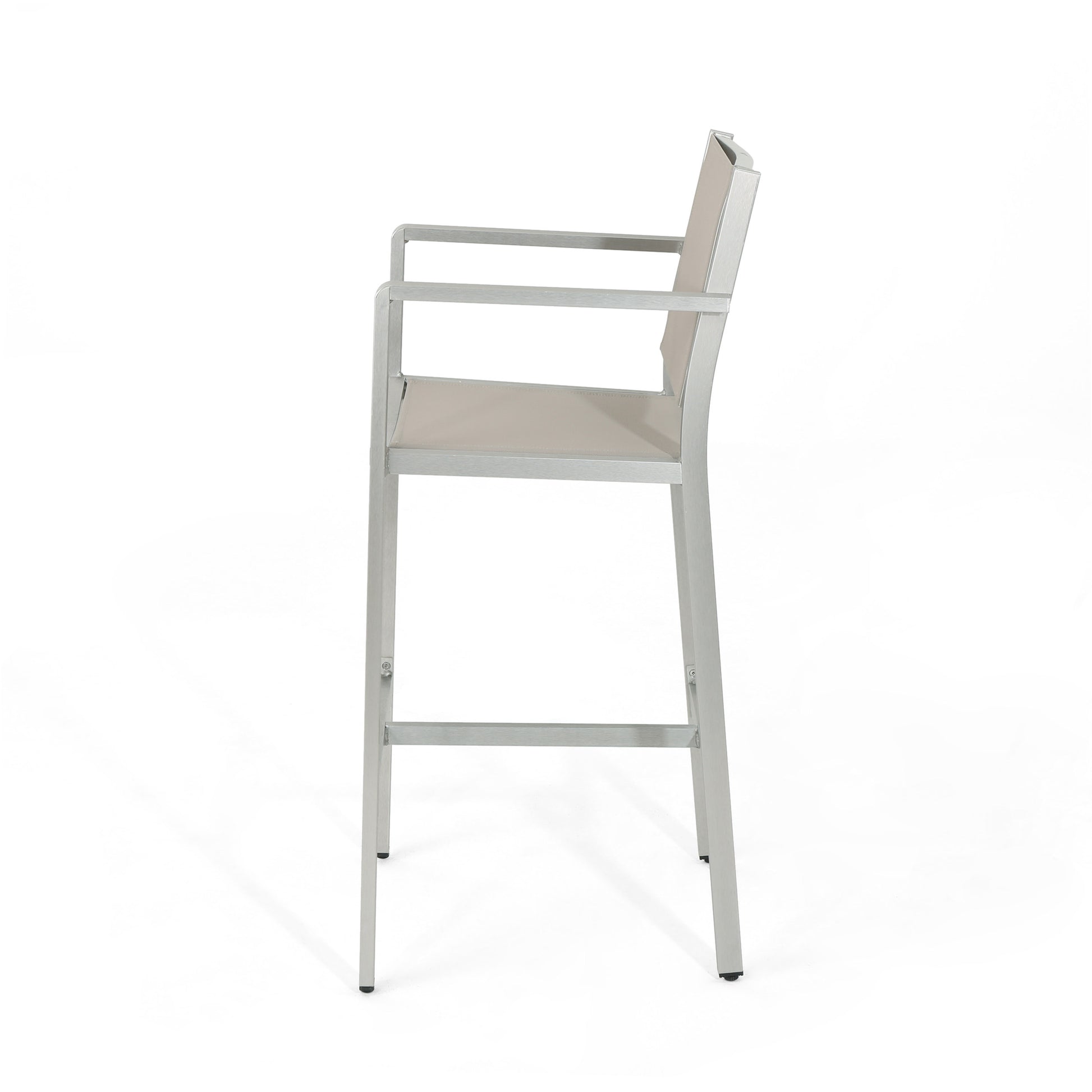 Modern silver aluminum bar stool with grey fabric seat and backrest