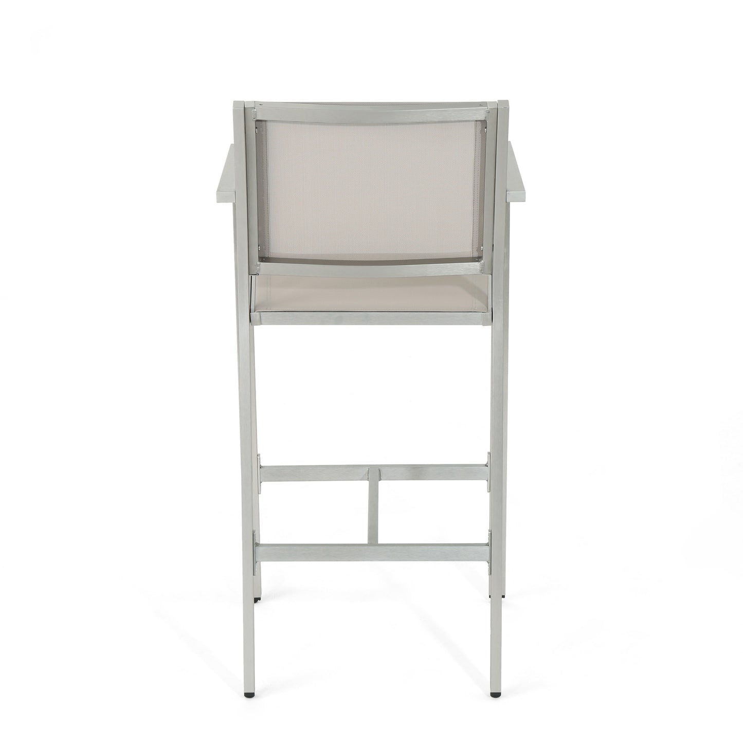 Silver metal bar stool with light grey woven seat and back