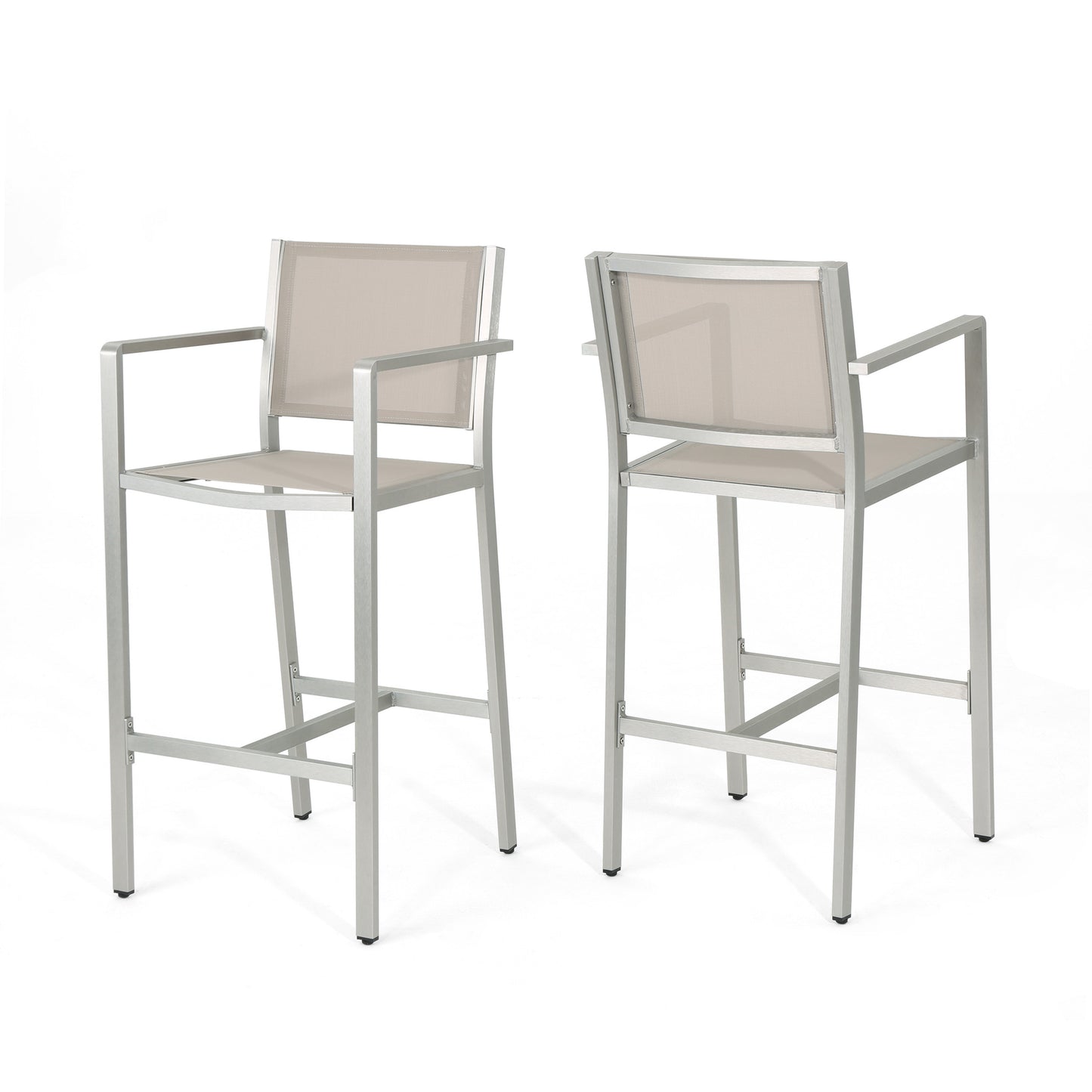 Modern aluminum bar stool with beige mesh seat and backrest