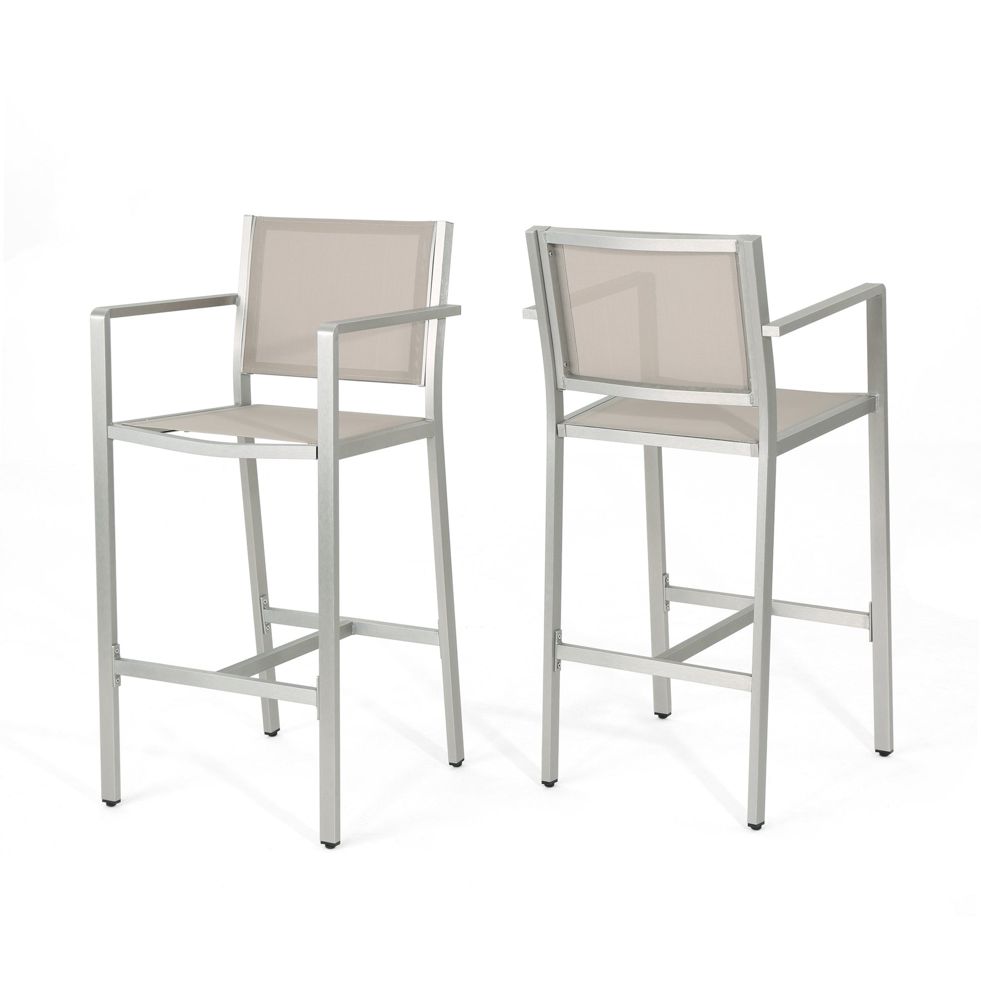 Modern aluminum bar stool with beige mesh seat and backrest