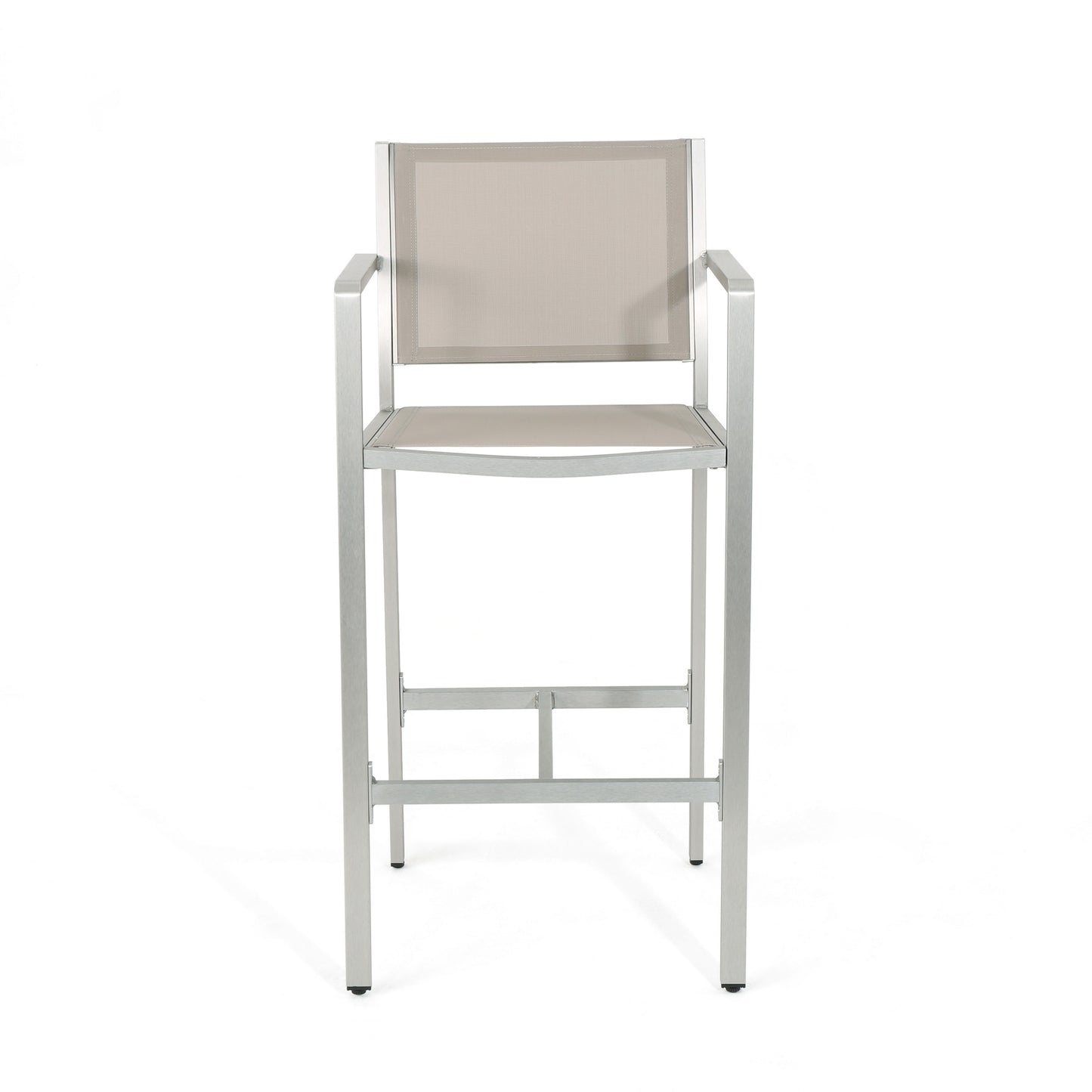 Modern silver aluminum bar stool with light gray mesh seat and backrest