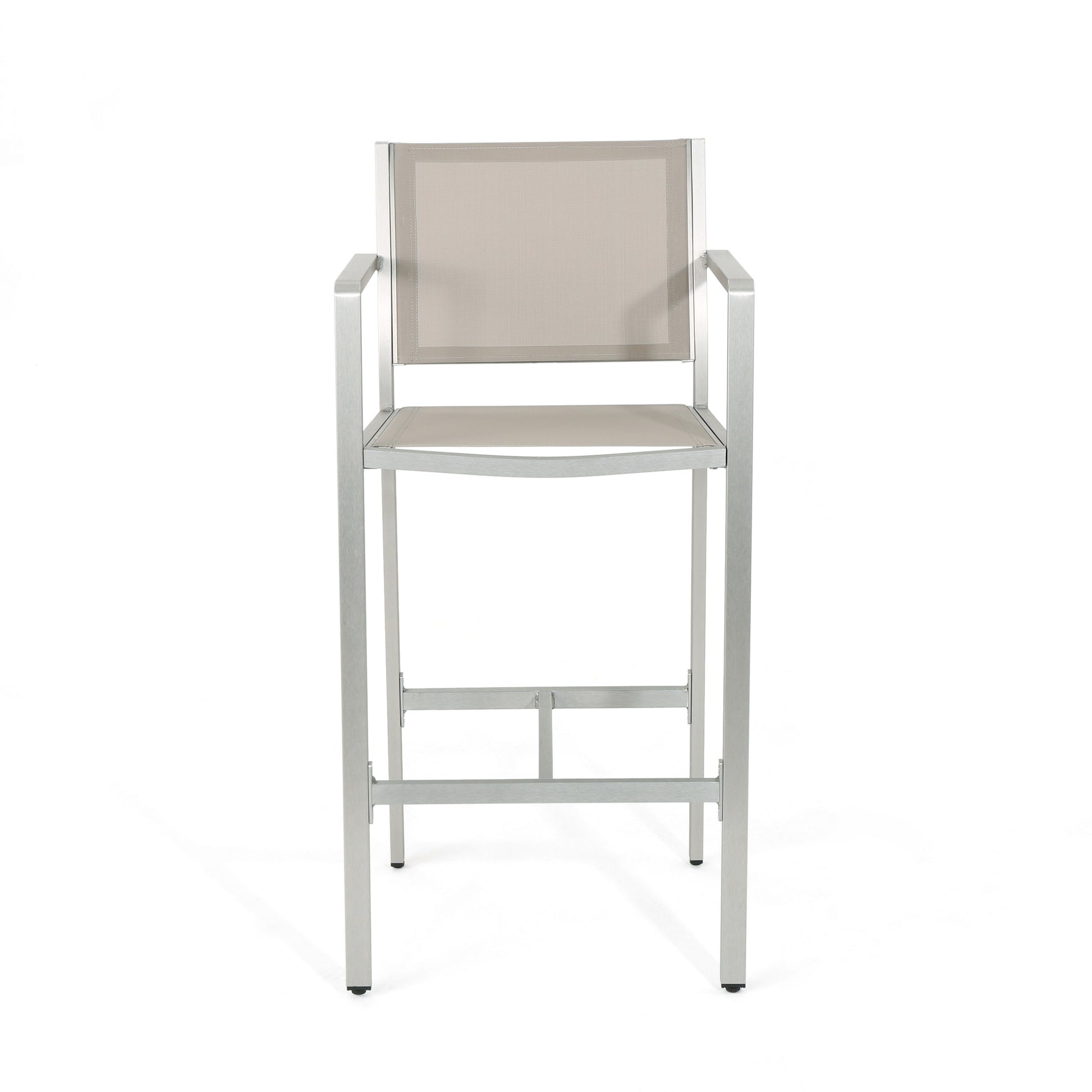 Modern silver aluminum bar stool with light gray mesh seat and backrest