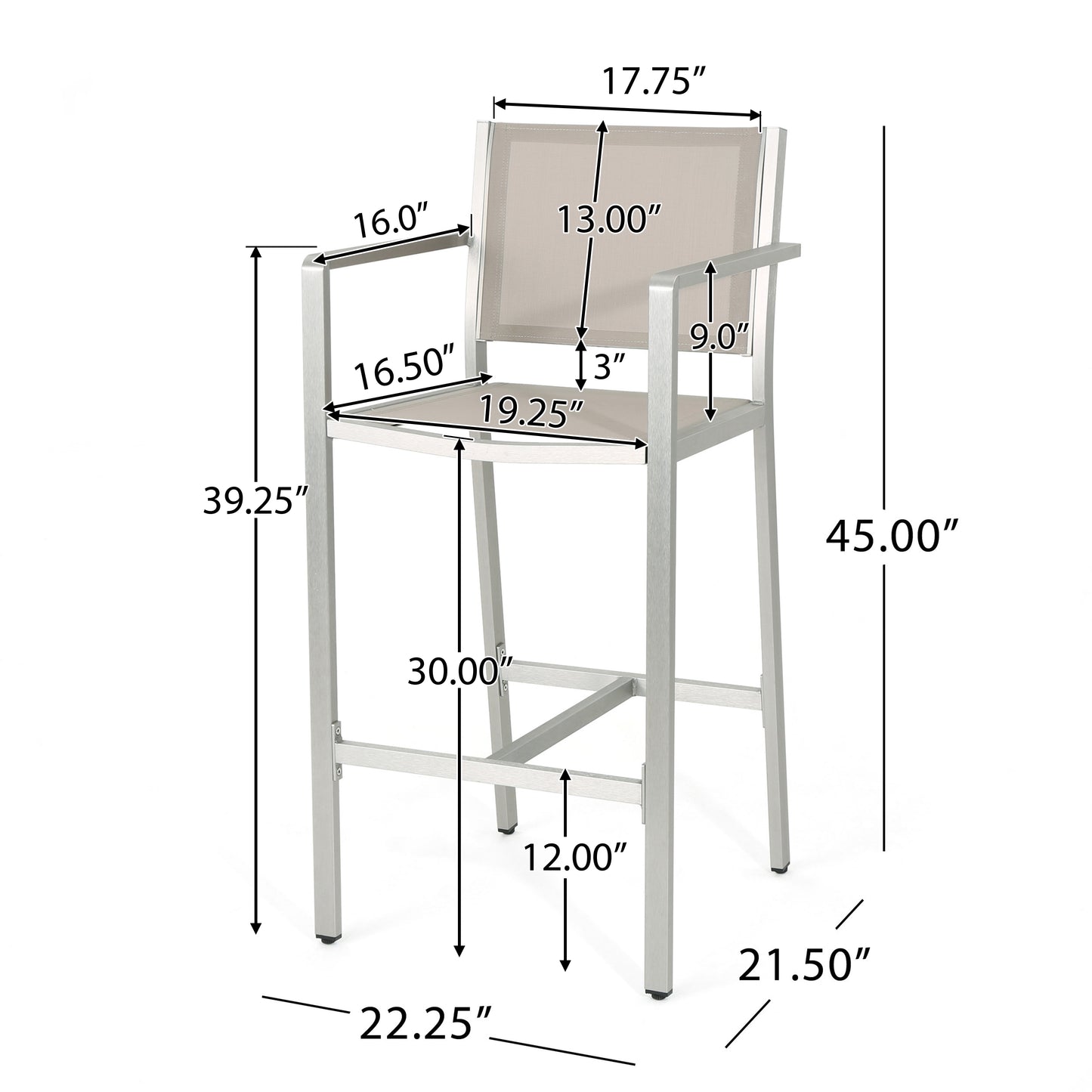 Silver aluminum bar stool with beige mesh seat and back  seat height