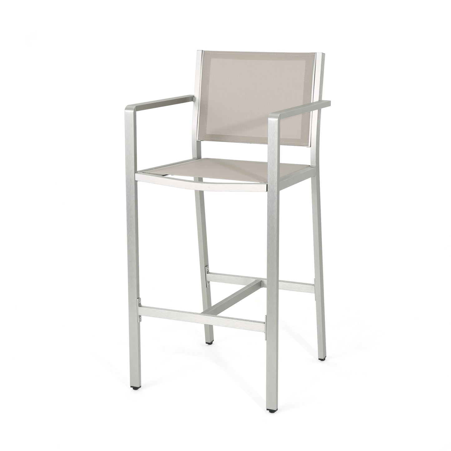 Silver aluminum bar stool with tan mesh seat and back modern outdoor patio furniture
