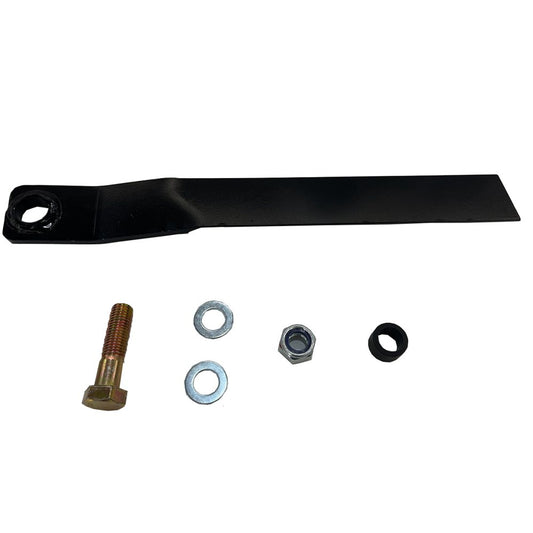 Black metal mower blade with bolt washers and nut kit
