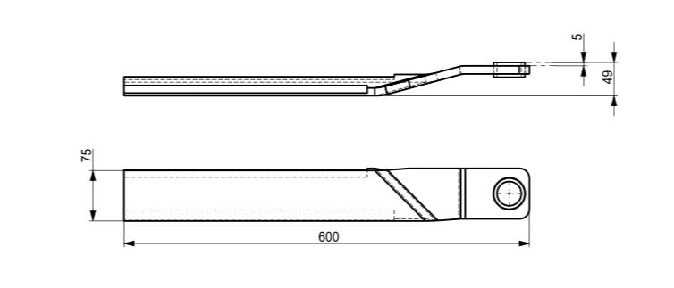 Technical drawing of a steel hinge bracket mm length showing side and top views with dimensions