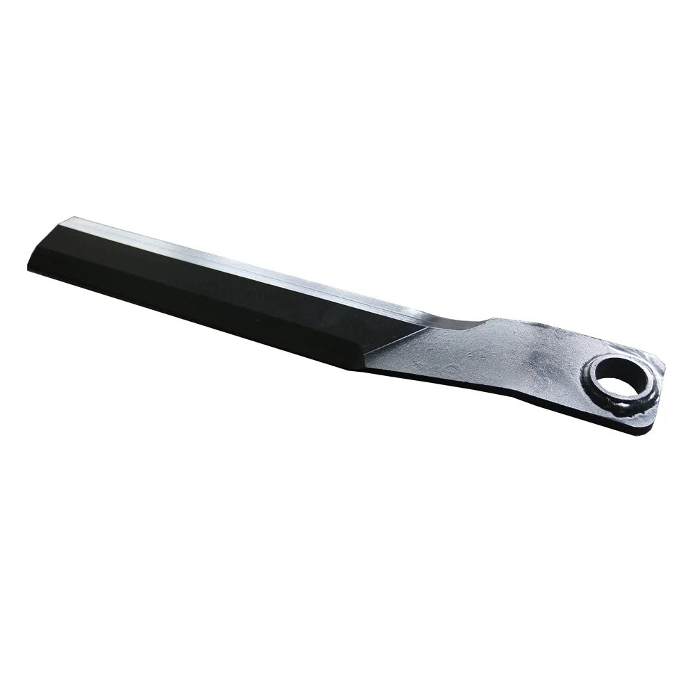 Single metal mower blade with a black coating and central mounting hole
