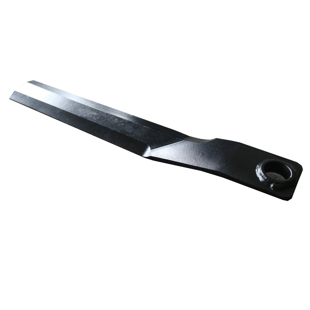 Black steel lawn mower blade with beveled edge and mounting hole