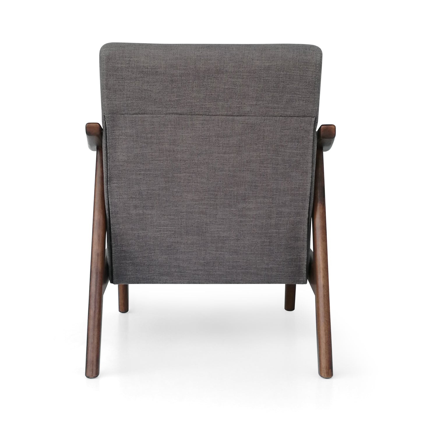 Back view of a dark grey fabric accent chair with wooden legs