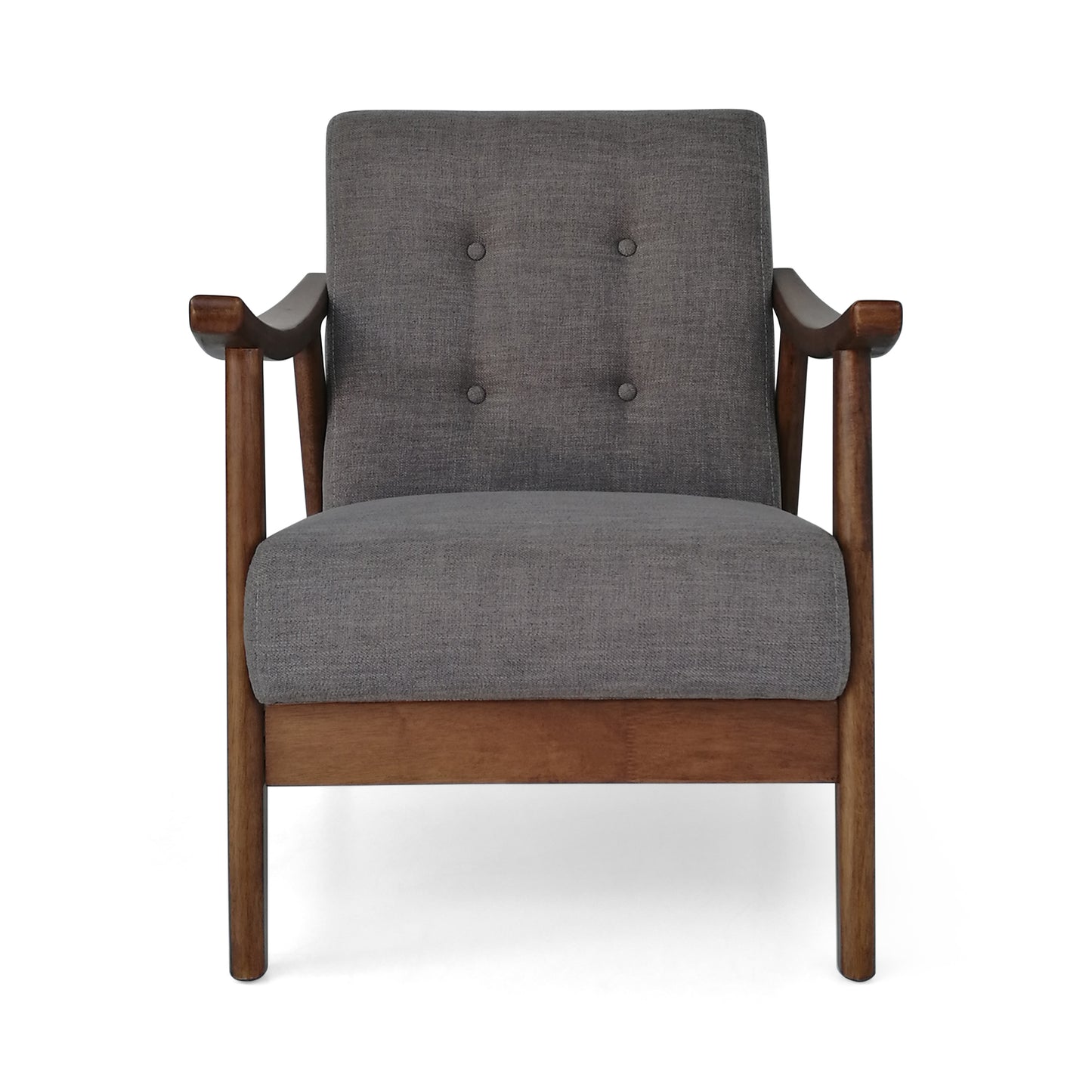 Tufted grey fabric armchair with dark wood tapered legs and arms