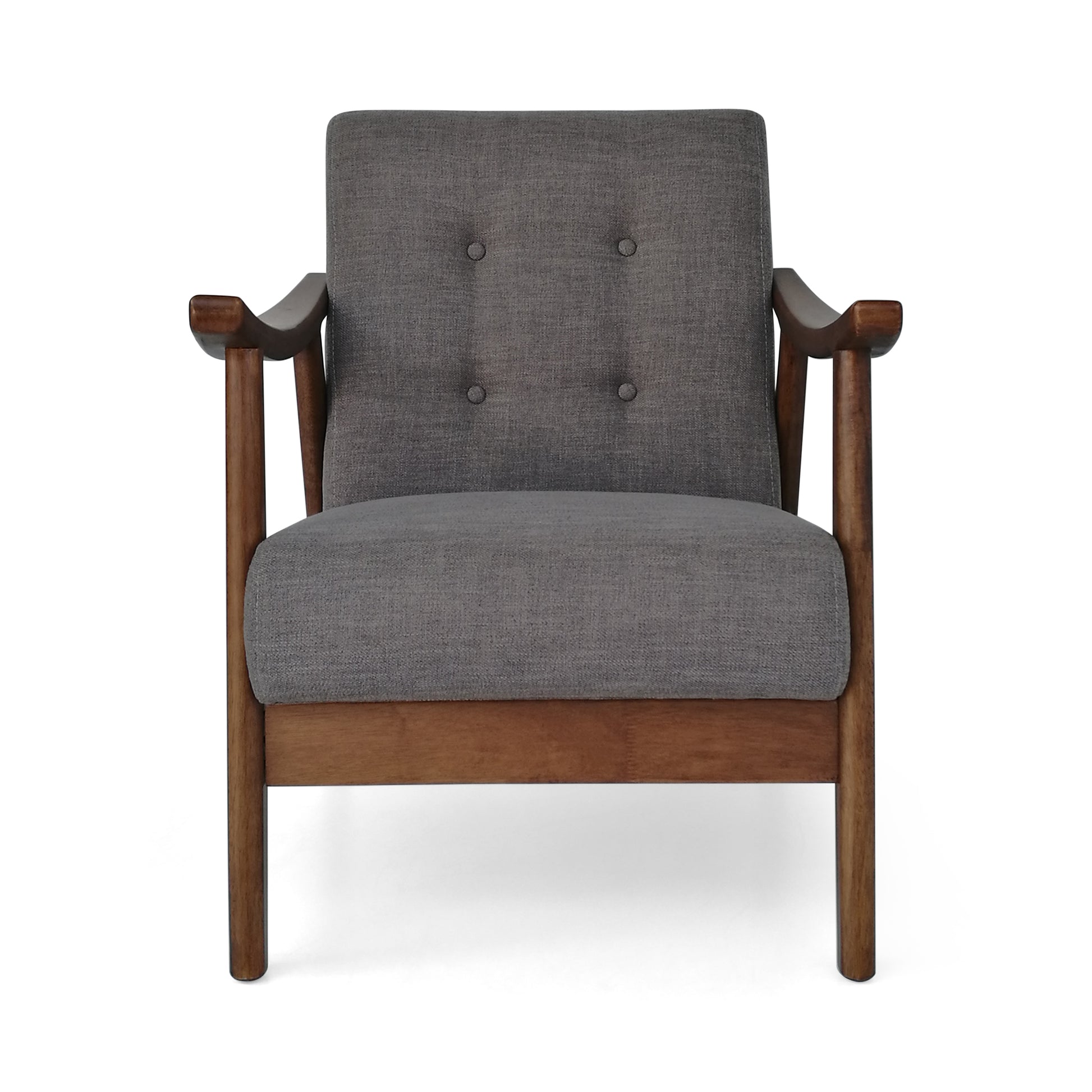 Tufted grey fabric armchair with dark wood tapered legs and arms