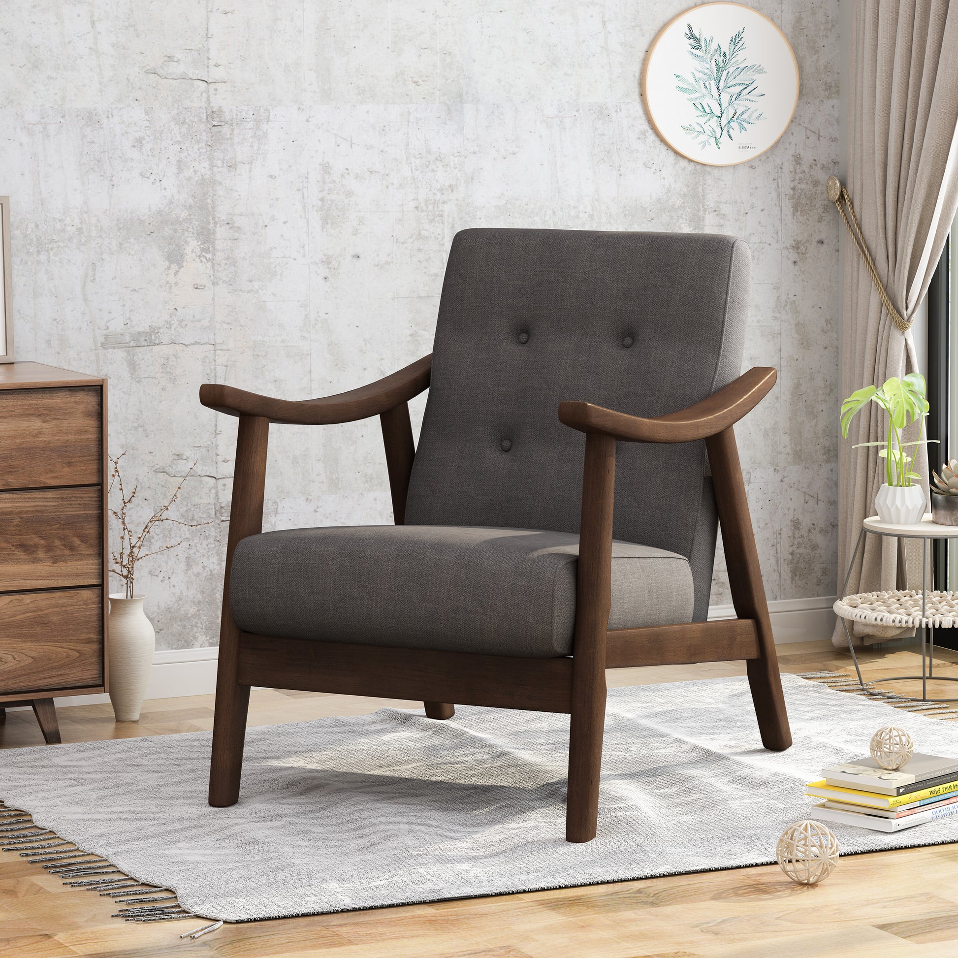 Midcentury modern charcoal grey fabric accent chair with wooden arms and legs