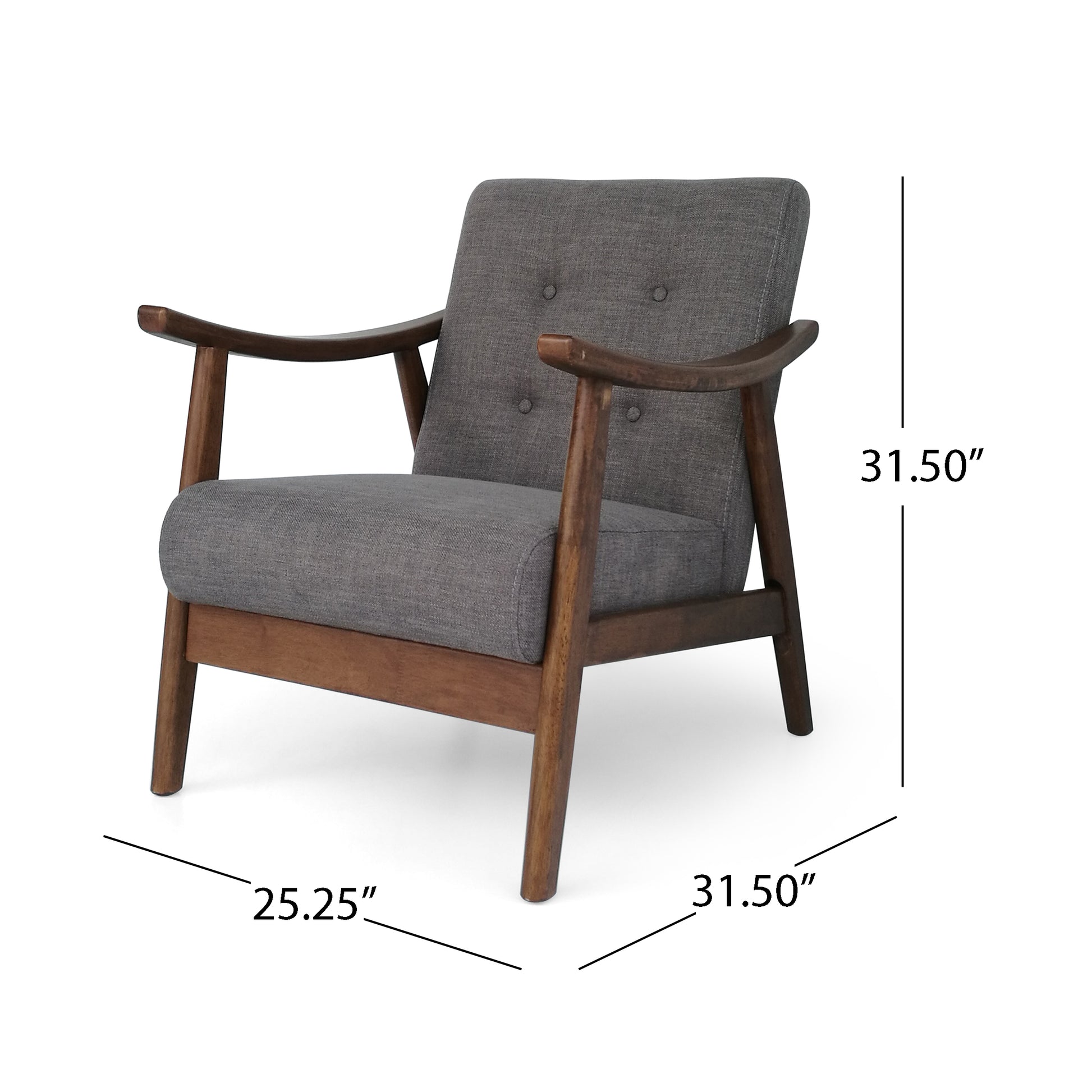 Midcentury modern armchair in grey fabric with dark wood frame and button tufting