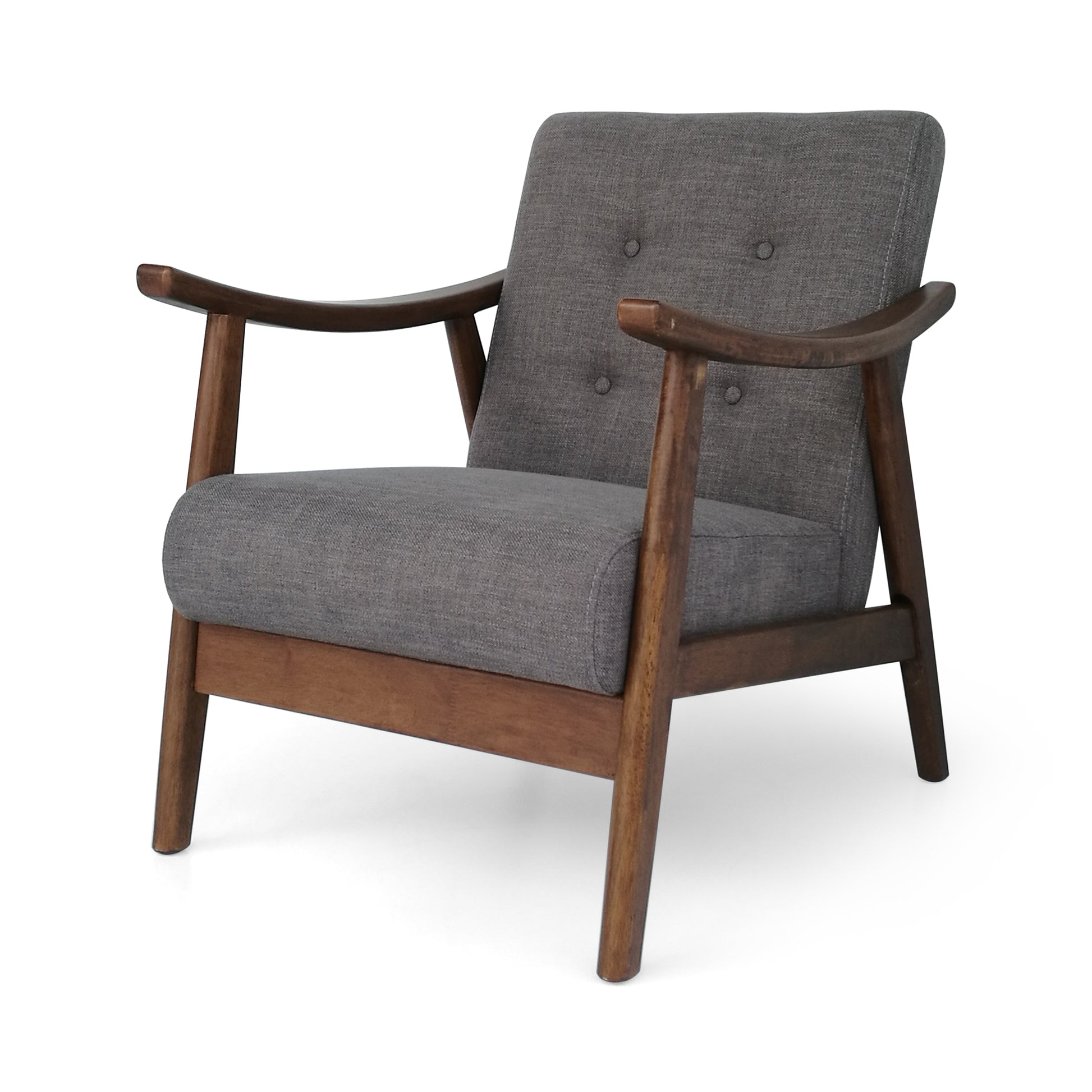 Gray upholstered accent chair with curved wooden arms and legs