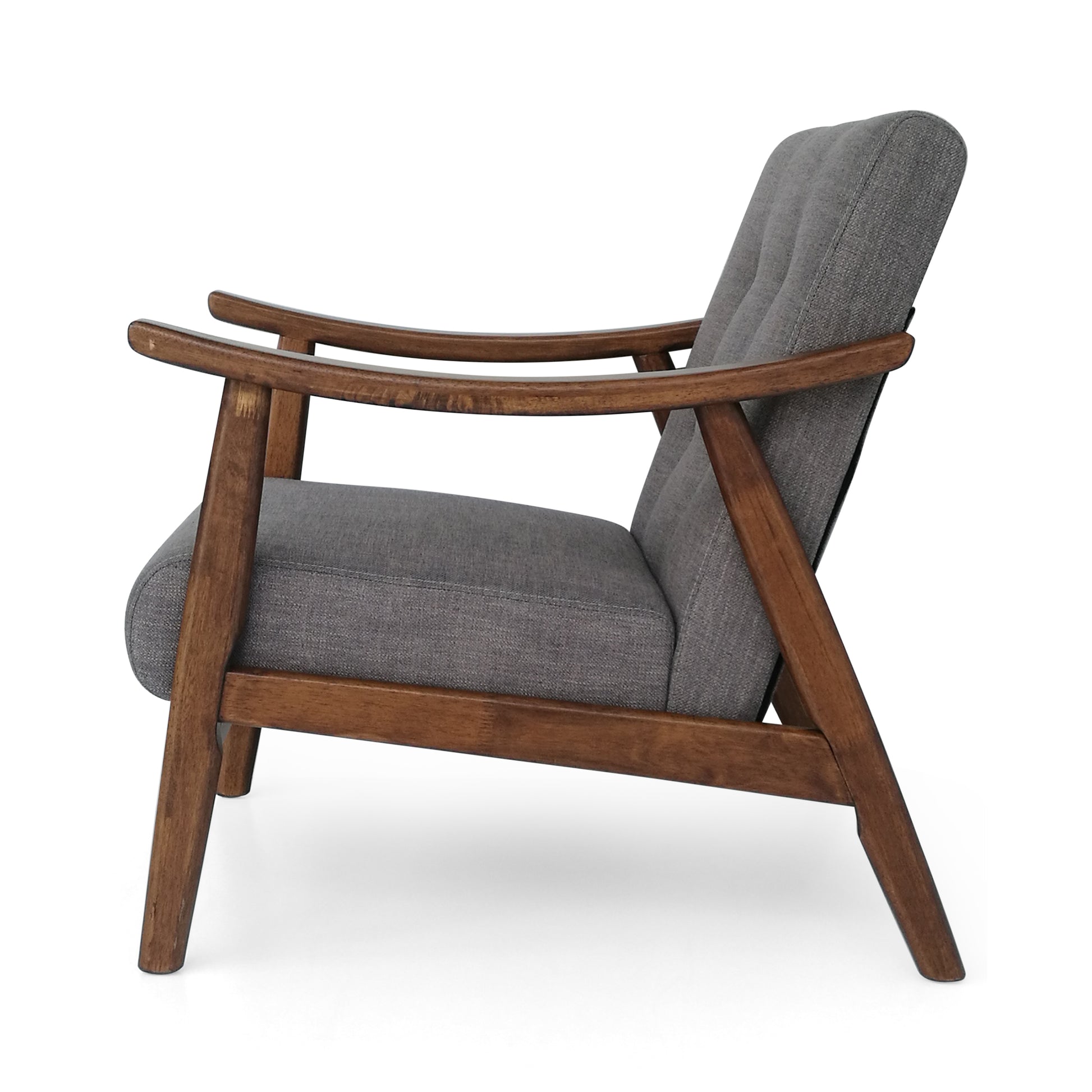 Tufted grey fabric accent chair with midcentury modern wooden frame and arms