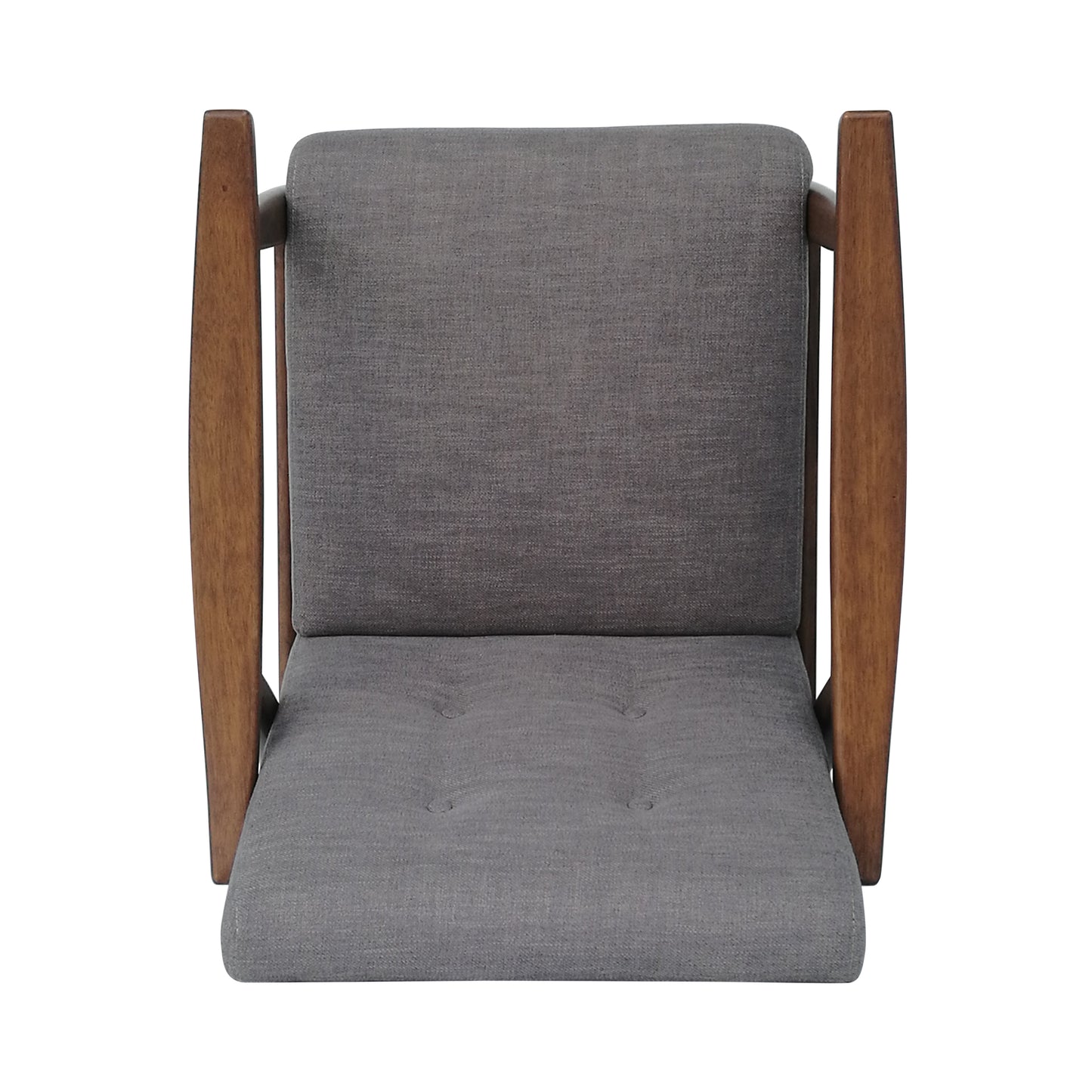 Top view of a modern grey fabric armchair with dark wood frame button tufting on seat