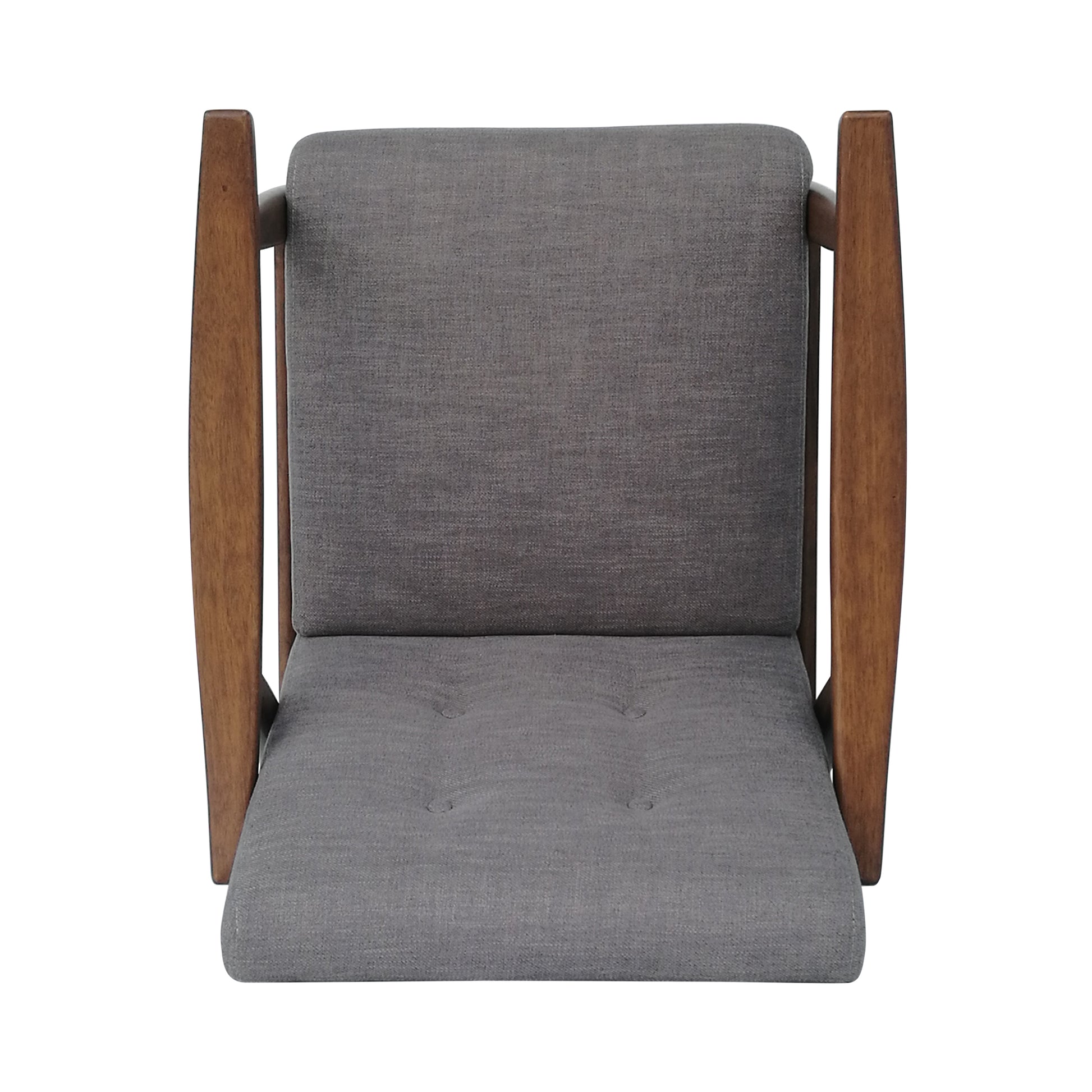 Top view of a modern grey fabric armchair with dark wood frame button tufting on seat