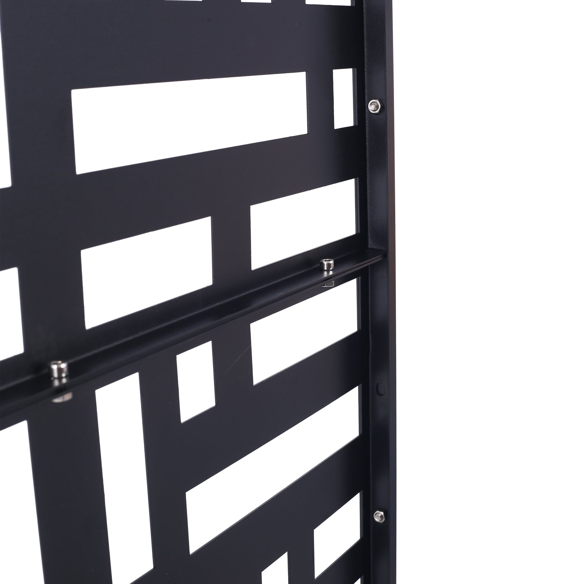 Black metal privacy screen panel with geometric cutouts ideal for gardens