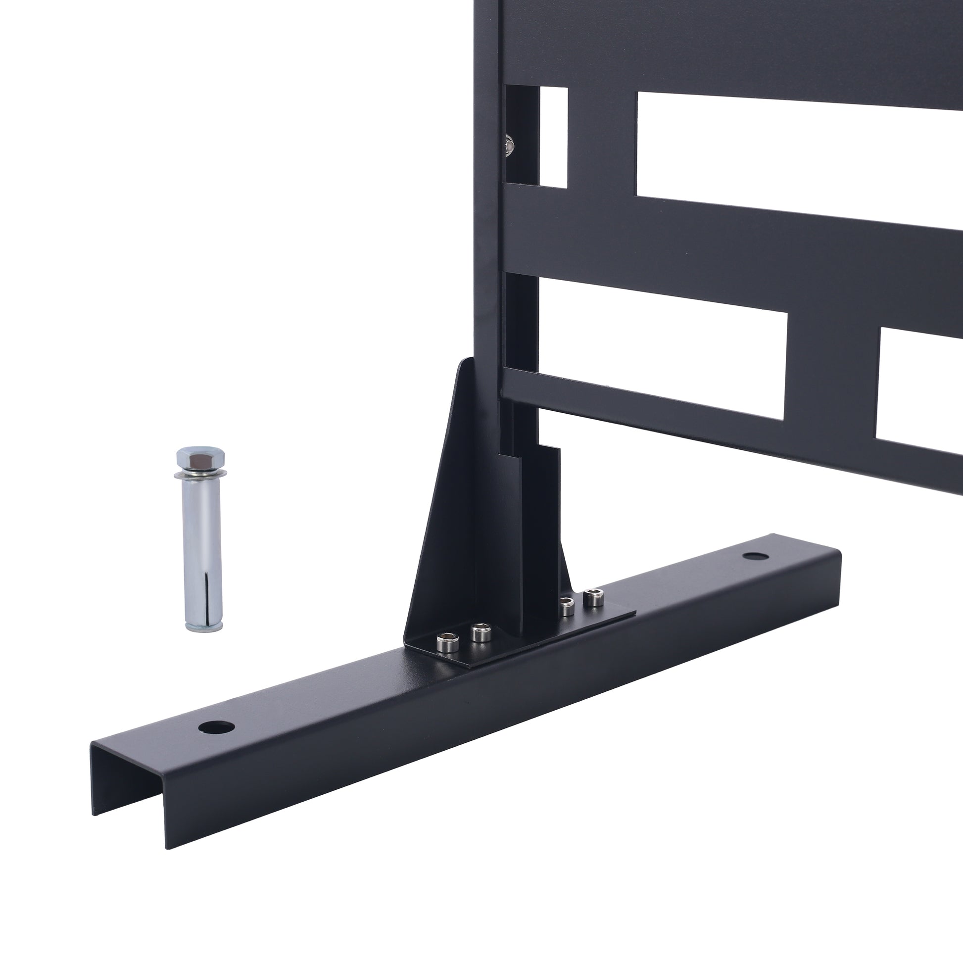 Black metal gate post with anchor bolt for secure outdoor mounting