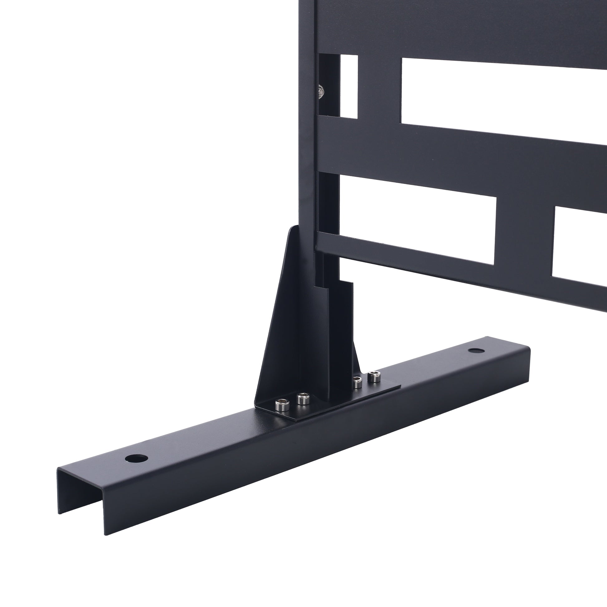 Black metal freestanding sign holder base with mounting bolts for stability