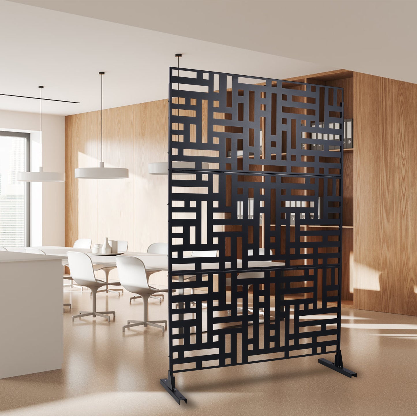 Black geometric metal room divider with modern abstract design