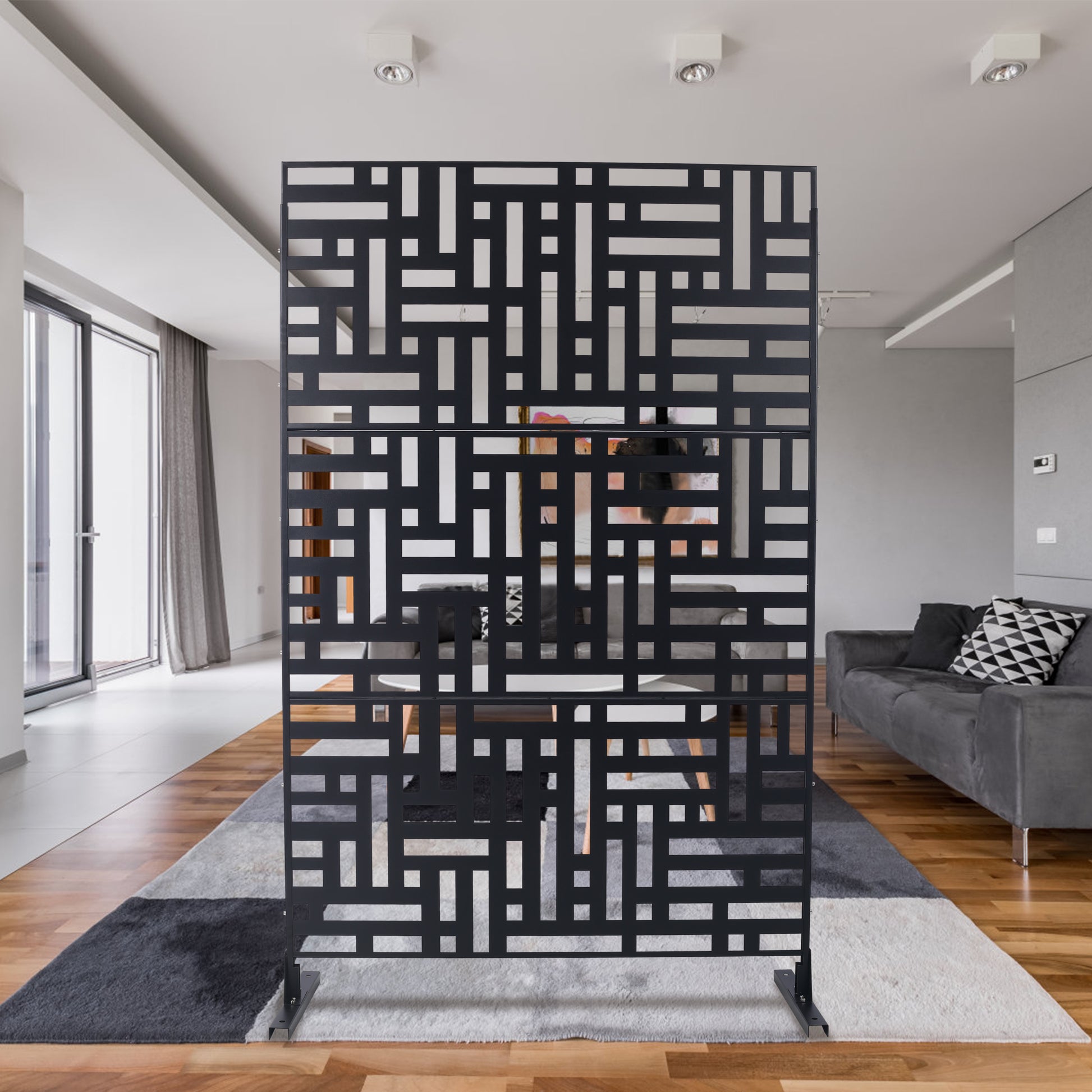 Black geometric room divider with intricate lasercut pattern modern decorative screen