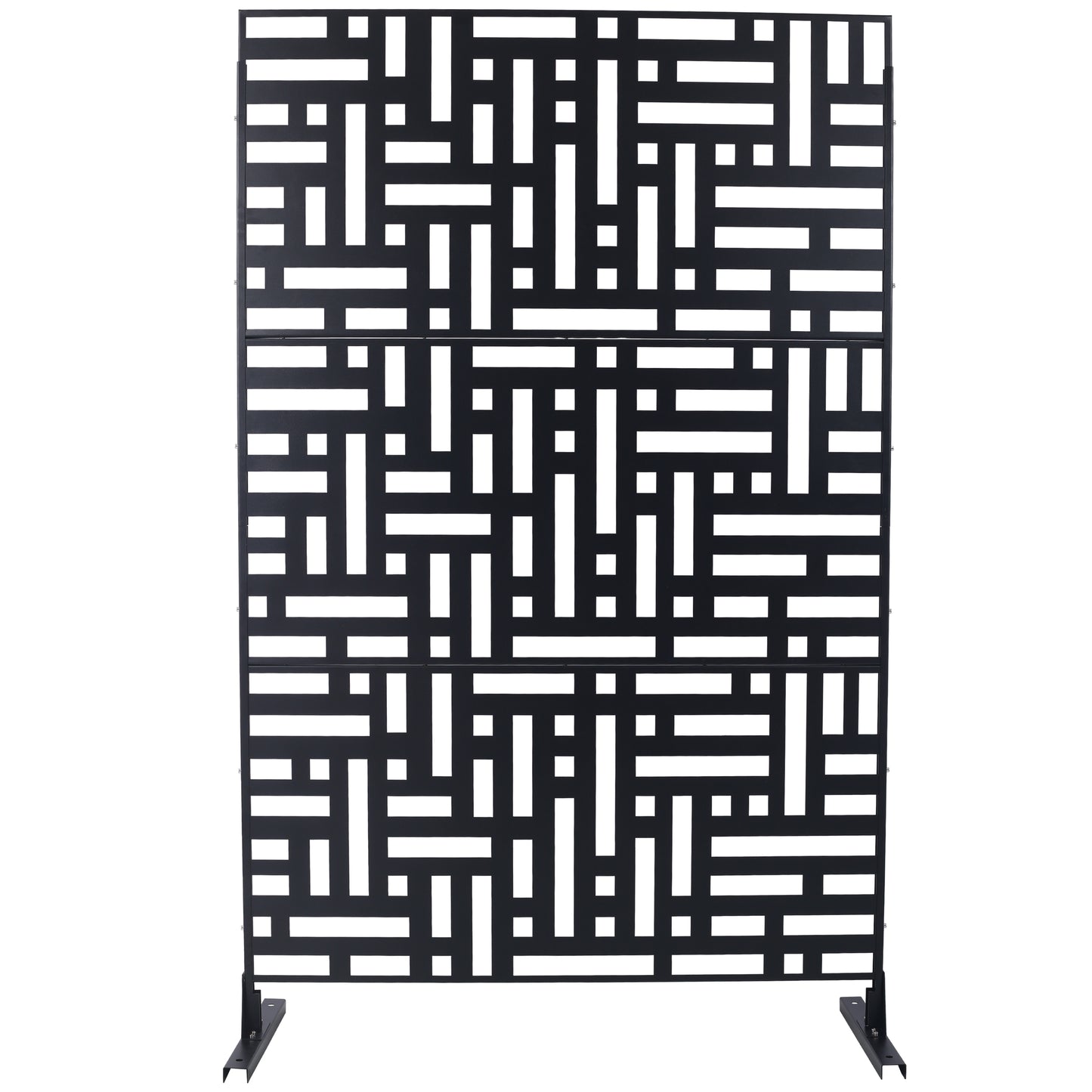 Black metal garden screen with geometric maze pattern