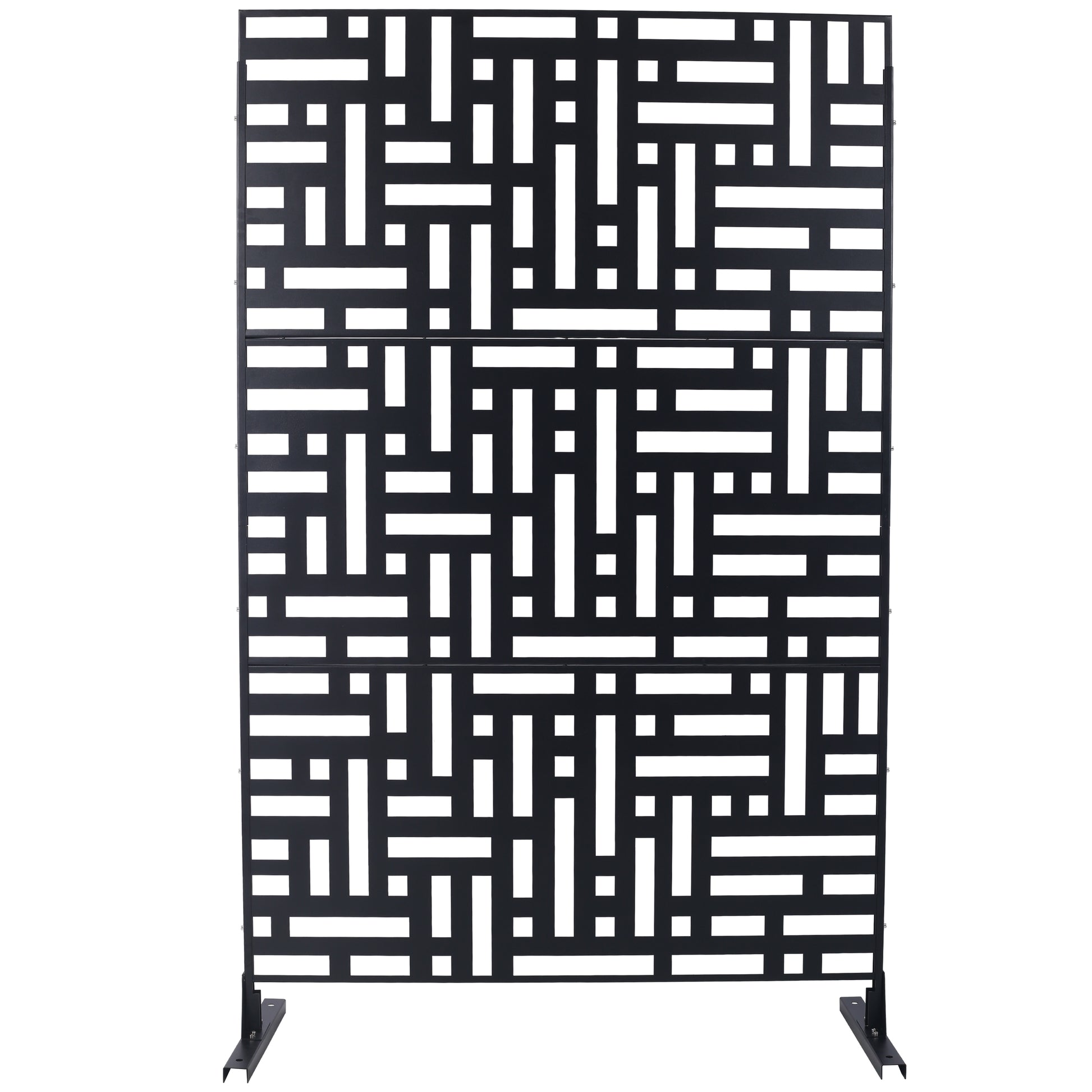 Black metal garden screen with geometric maze pattern