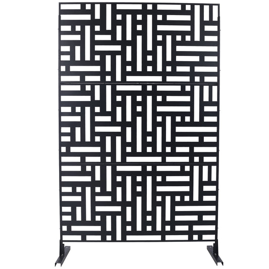 Black metal garden screen with geometric maze pattern