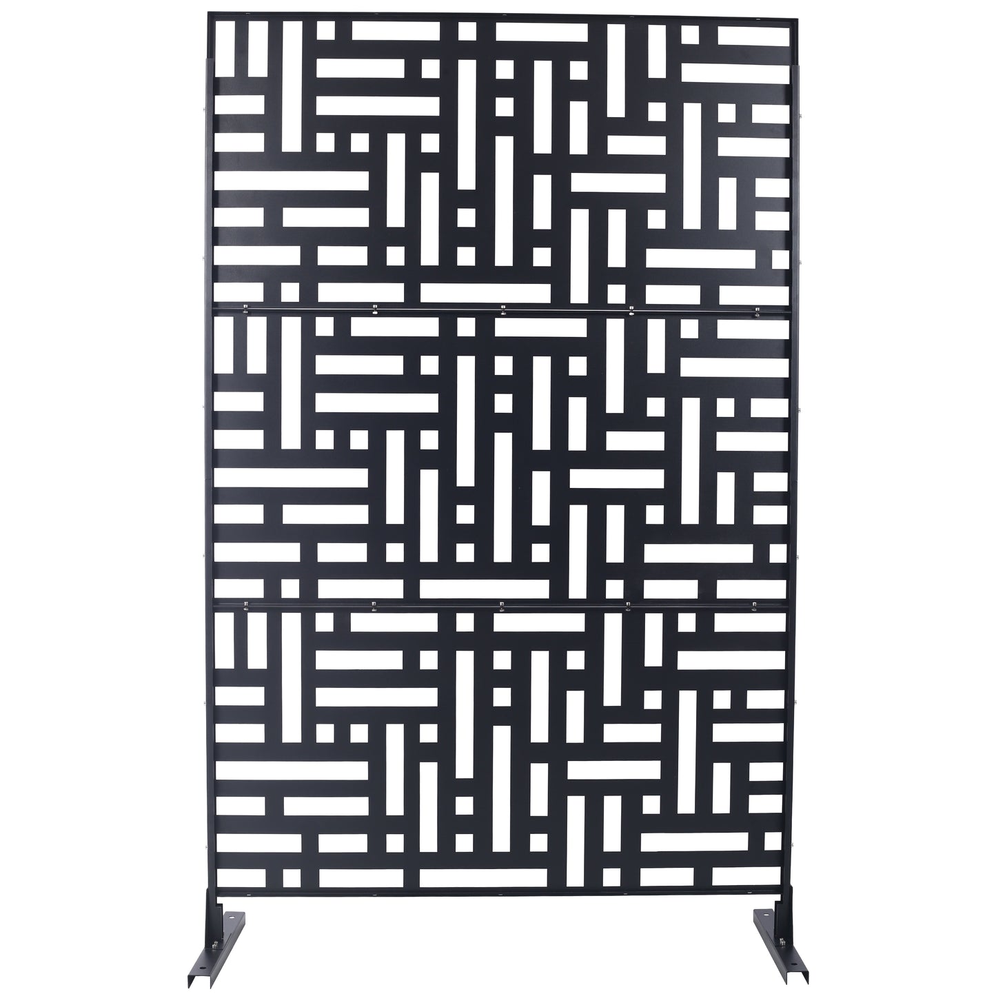 Black metal privacy screen with modern interlocking rectangular pattern for outdoor patios