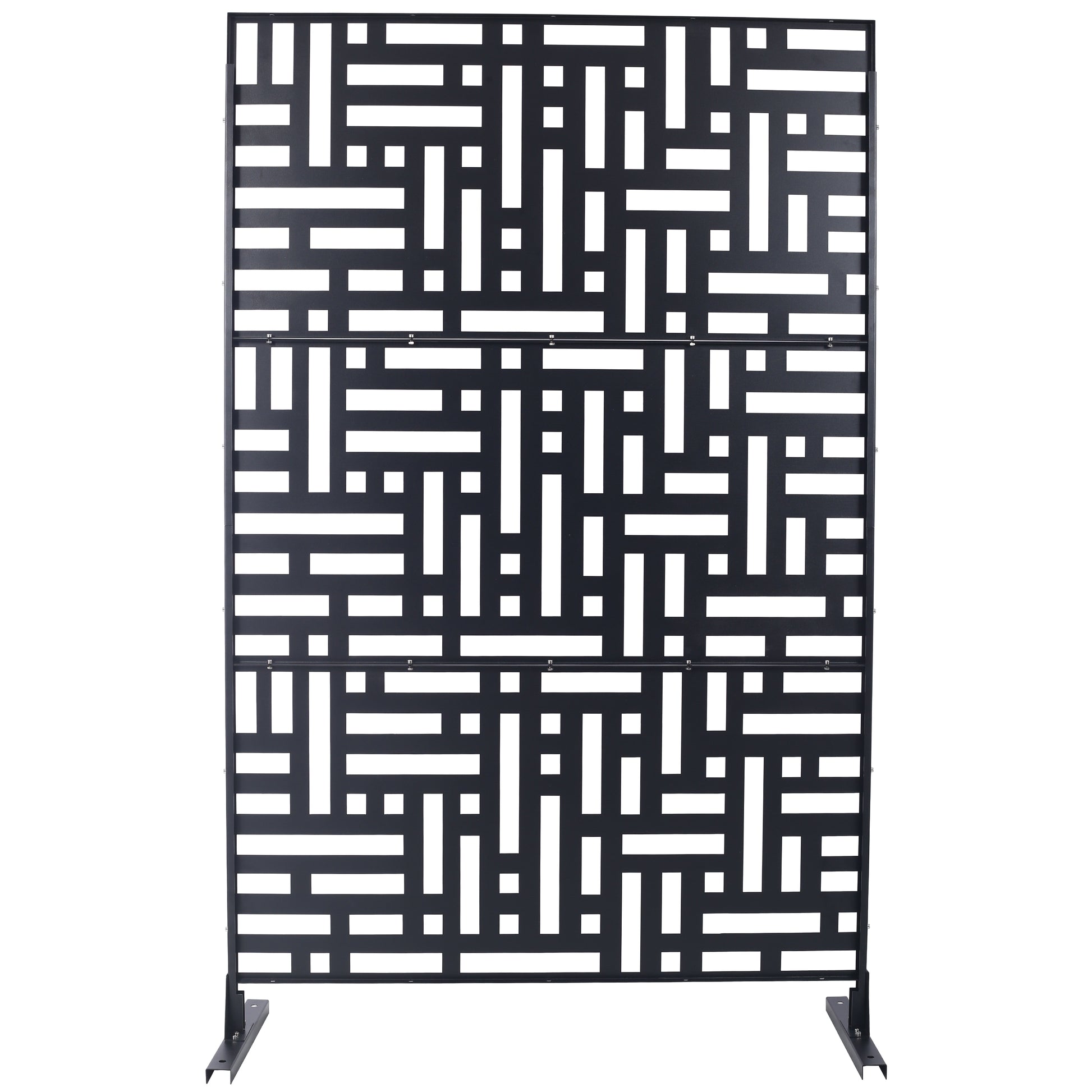 Black metal privacy screen with modern interlocking rectangular pattern for outdoor patios