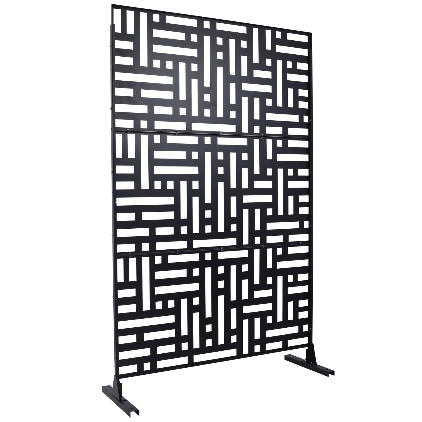 Modern black metal privacy screen with geometric cutouts ideal for garden decor