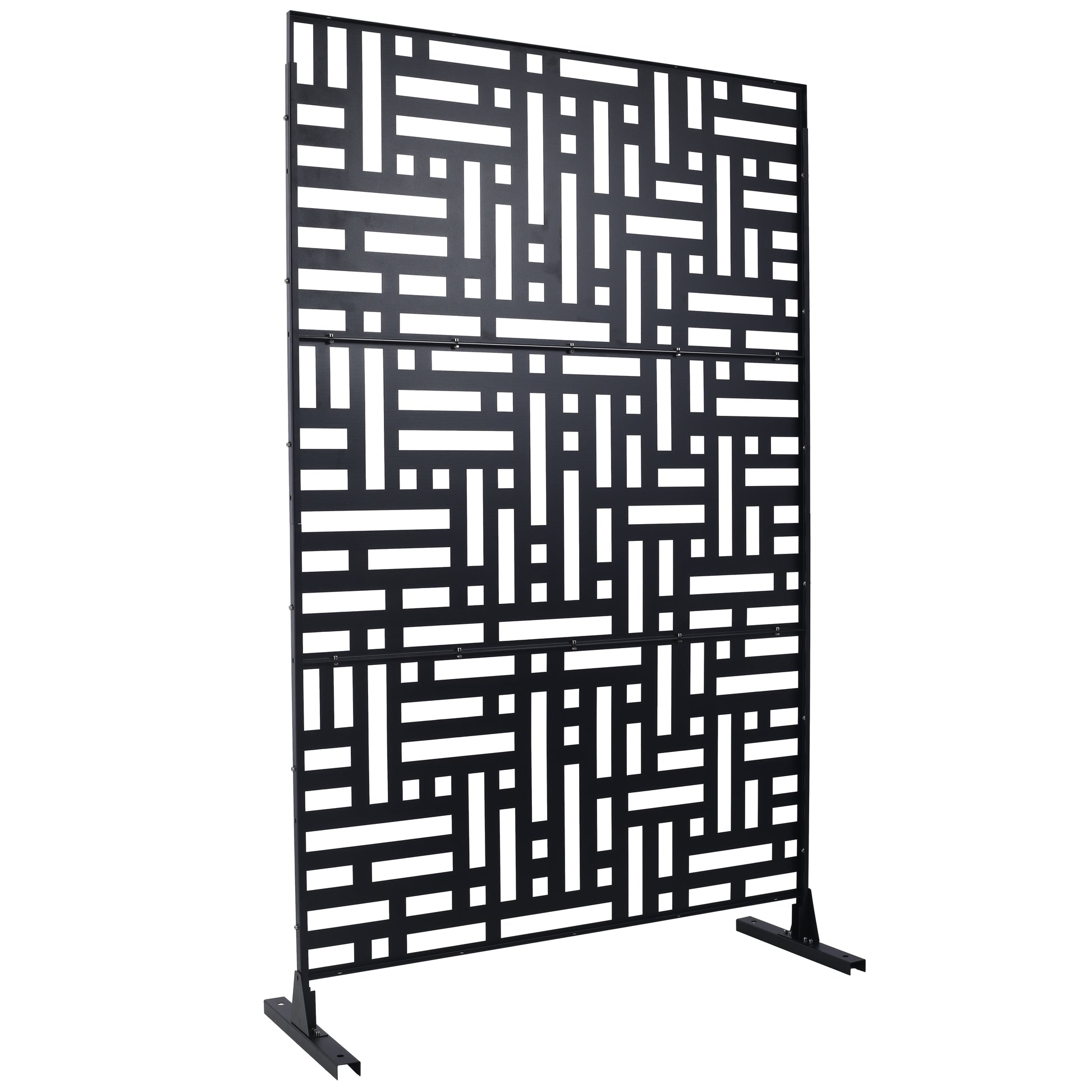 Modern black metal privacy screen with geometric cutouts ideal for garden decor