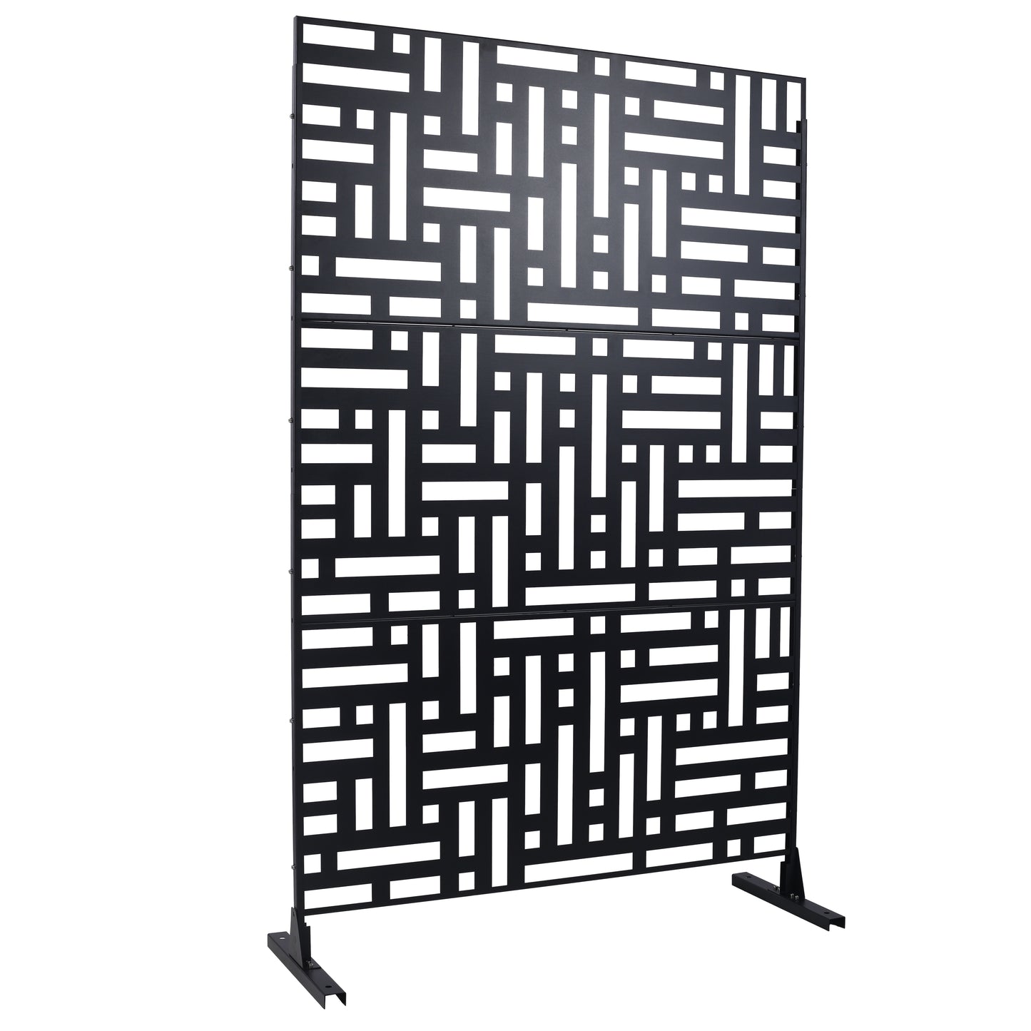 Black metal privacy screen with a geometric lattice design ideal for gardens