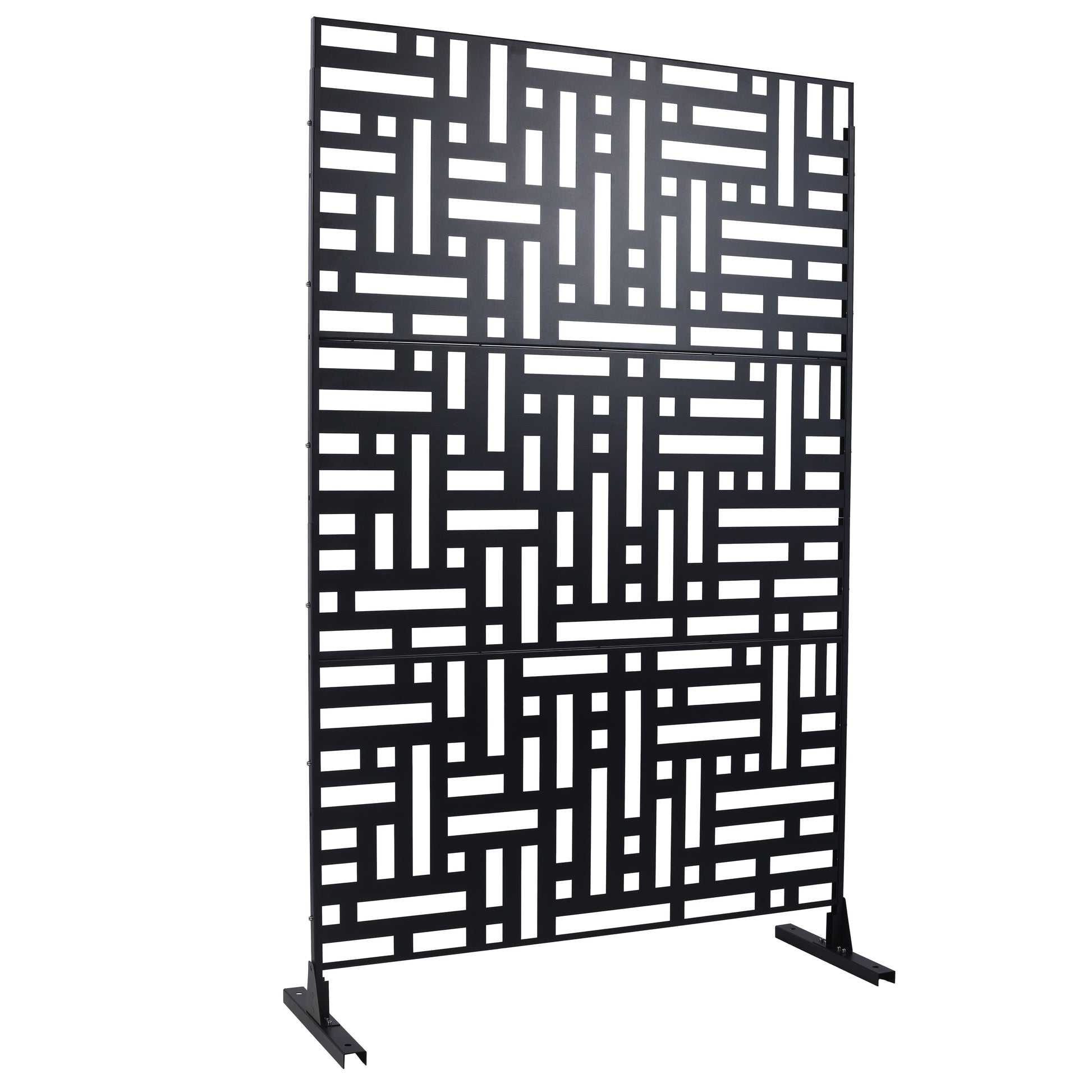 Black metal privacy screen with a geometric lattice design ideal for gardens