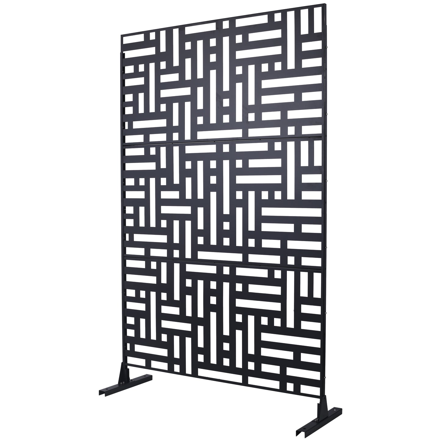 Black metal privacy screen with an abstract geometric pattern and sturdy base