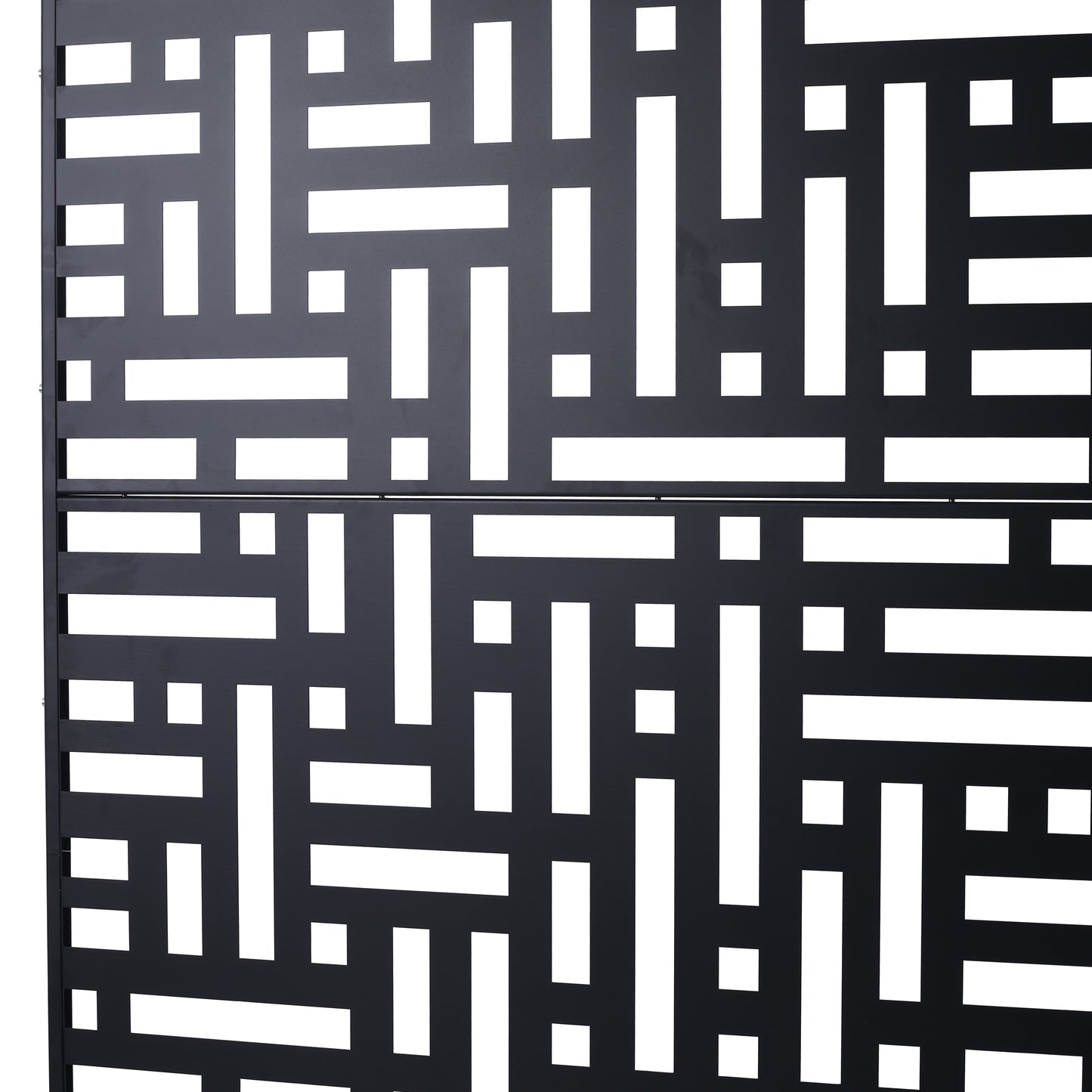 Black metal decorative privacy screen with geometric cutouts for garden use