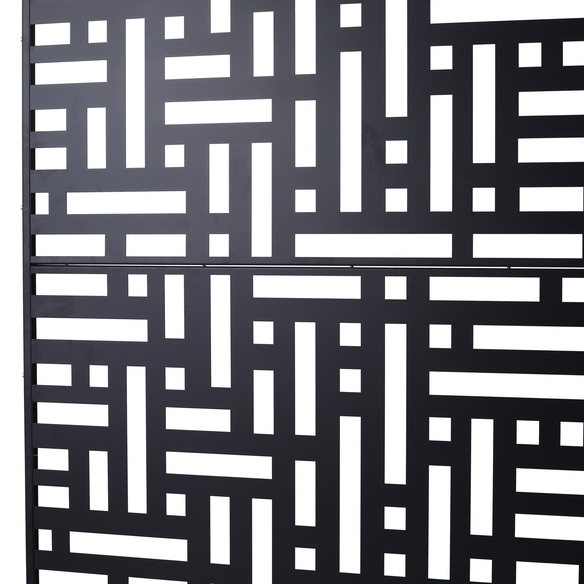 Black metal decorative privacy screen with geometric cutouts for garden use